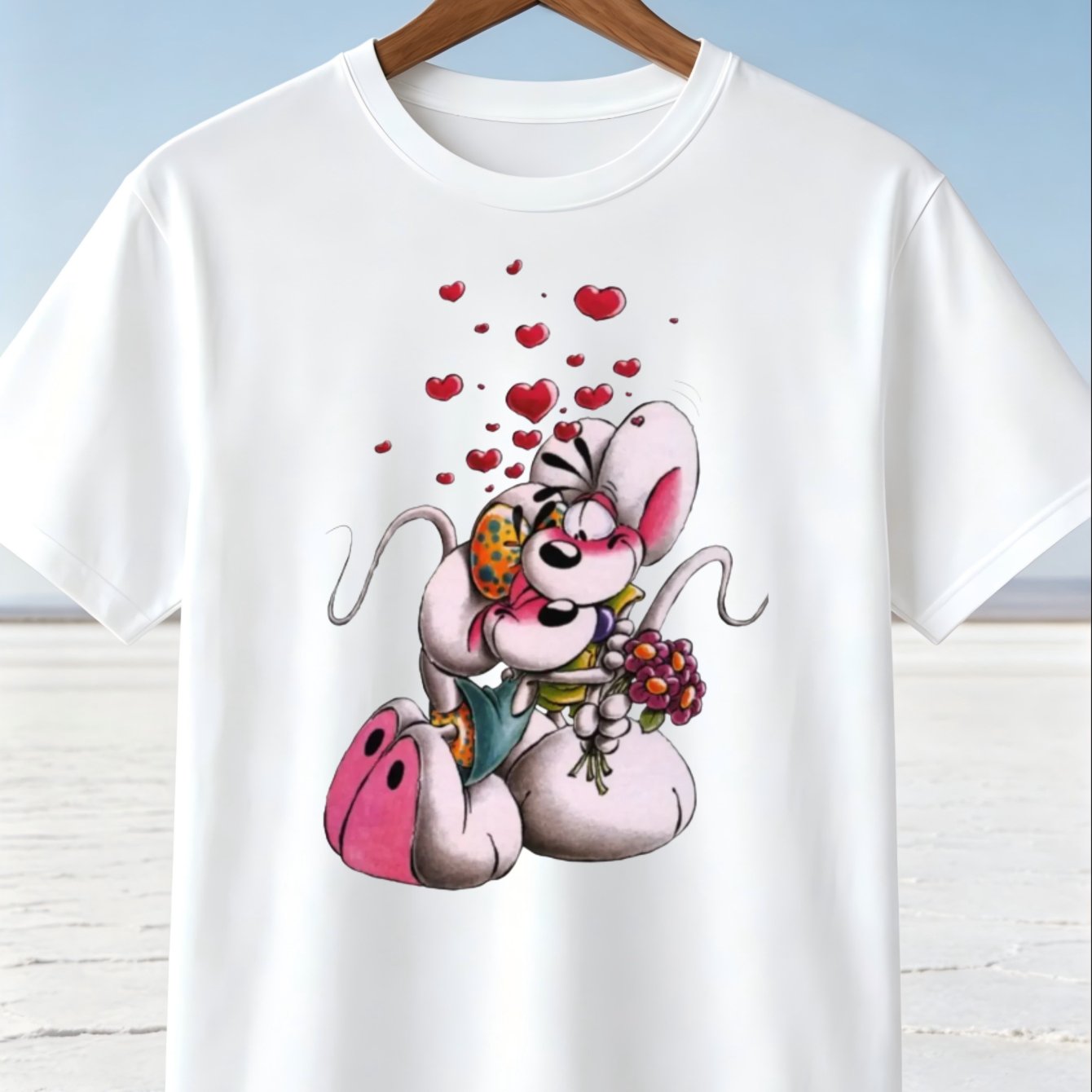 Did Dl Didd Ina Romantic Cartoon Mouse Couple T-shirt Bouquet Floating Red Hearts And Illustration In Soft Pastel Colors Unisex All T-shirt