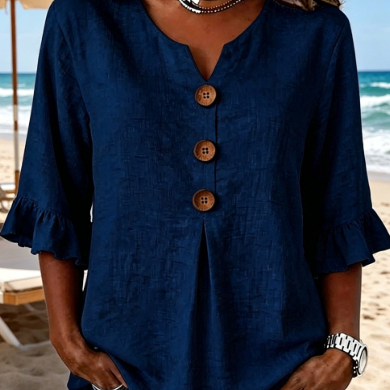 TEMU Summer Solid V-neck Casual Top With Front Buttons And Delicate Ruffle Sleeves. Made Of Lightweight Breathable Fabric, Comfy To Wear. Classic