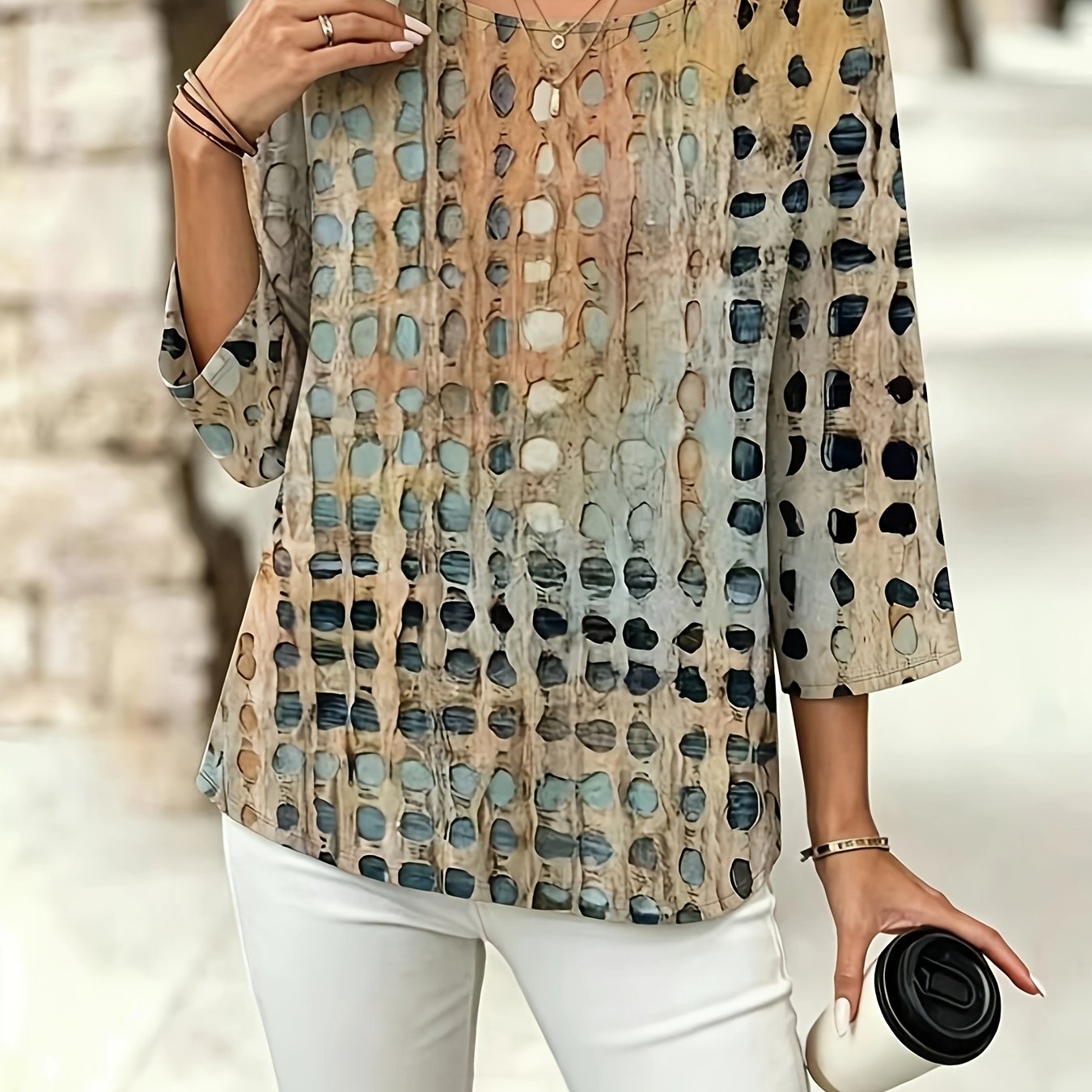 TEMU Western Casual Fashion Holiday Women's Regular Fit Full-body Printed Three-quarter Sleeve Round Neck Top