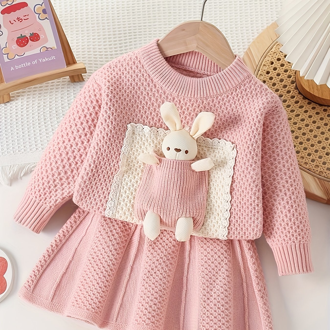 Image of 2025 ' Cute Blend Knit Set, Suitable For 3-7 Year Old Girls, Lace Trim Pocket Bunny Doll Decor Long Sleeve Sweater Dress 2pcs Set, Medium Elastic Fabric, Soft Warm Comfortable For Fall