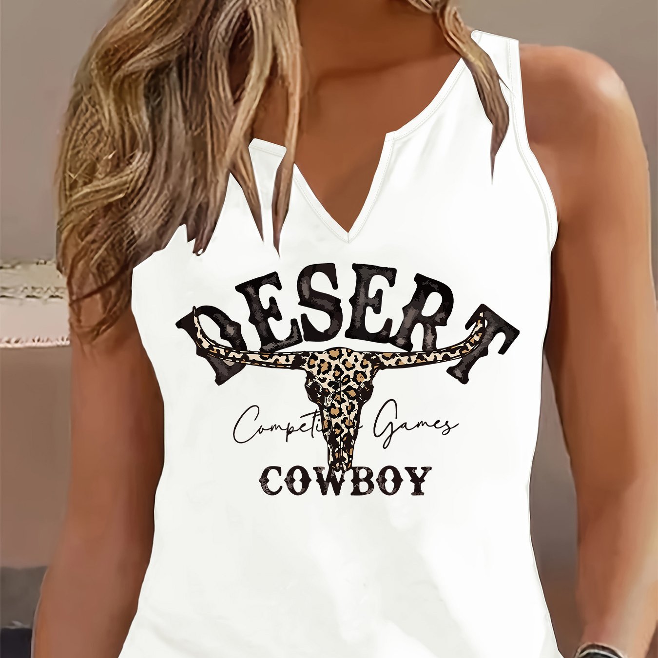 TEMU Women's Sleeveless V-neck Tank Top With Desert Cowboy Graphic Print - Black Casual Summer Top, Versatile For Casual Attire