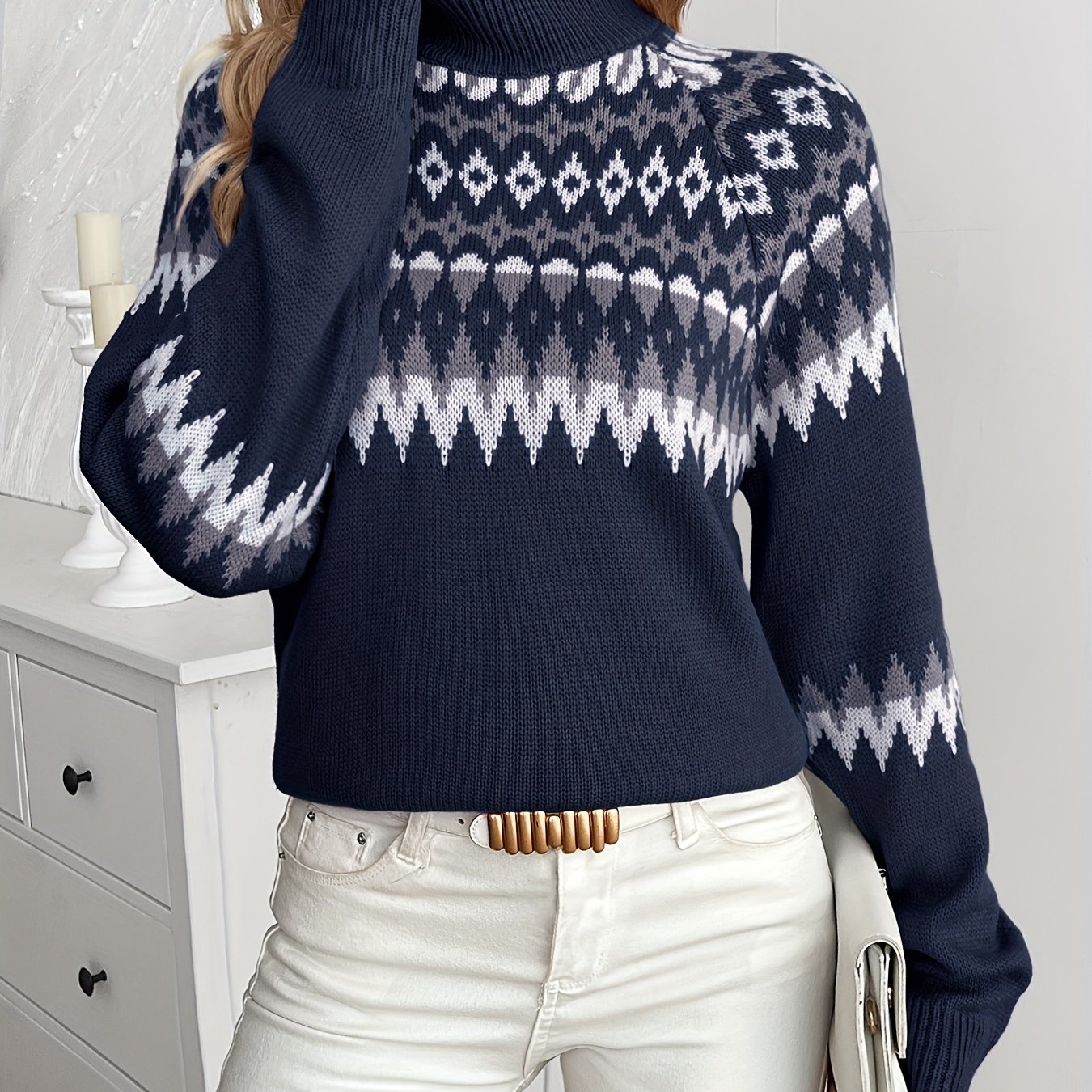 Geometric Pattern Nordic Style Sweater, Autumn Winter Long Sleeve Crew Neck Pullover, Casual Comfortable Women's Wear