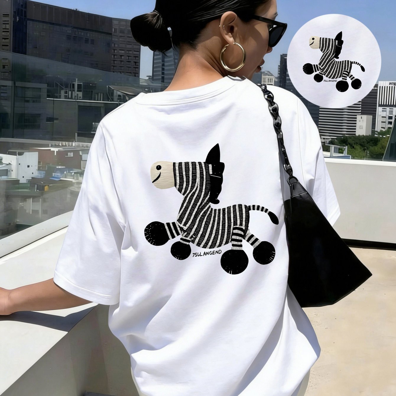 TEMU 새로운 봄/여름 패션 라운드넥 반팔 티셔츠, 뒷면에 귀여운 얼룩말 패턴, 캐주얼하고 활용도 높은 가정 및 여행용 필수템
