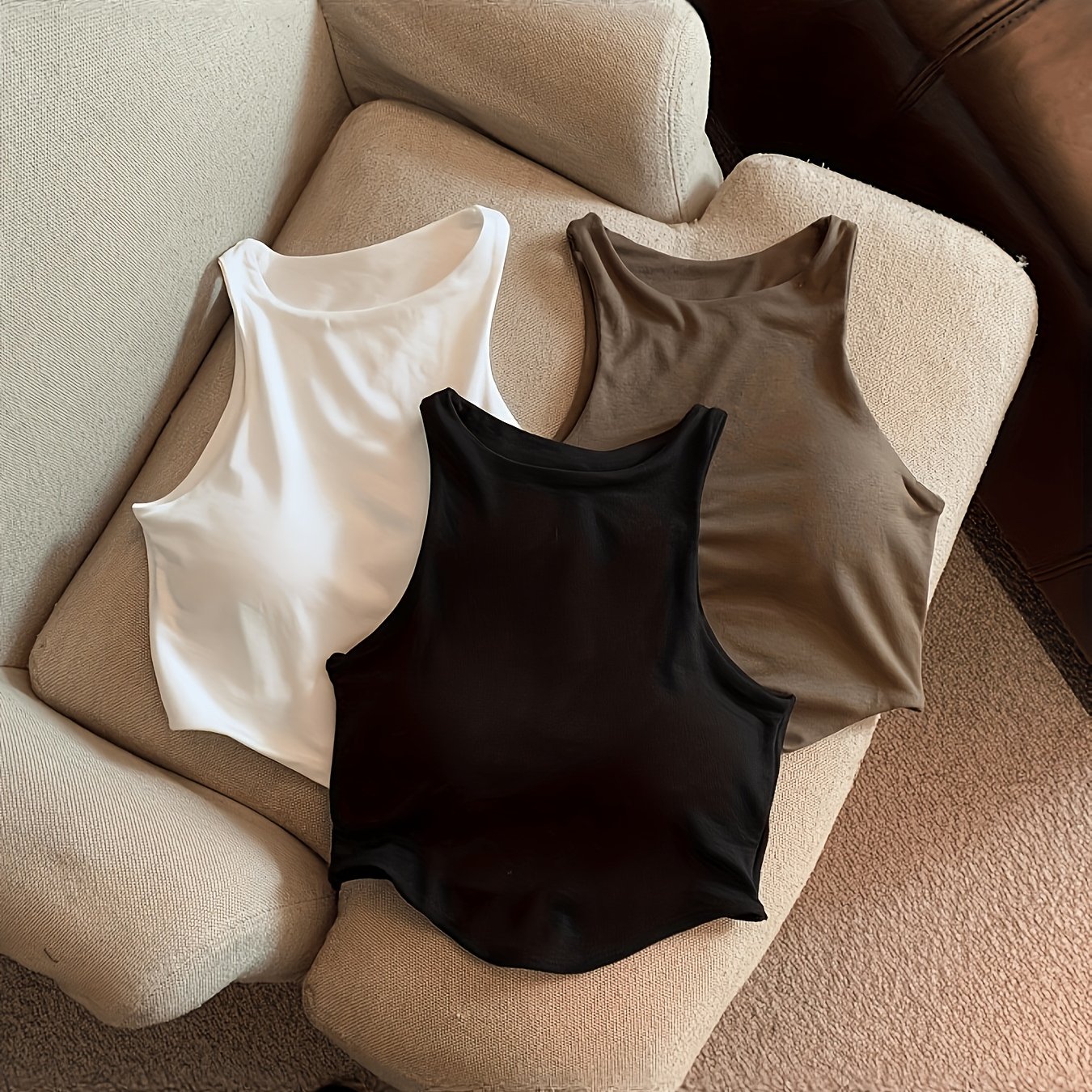 TEMU 3pcs Minimalist 1pc Camisole With Padded Cups, Women's Undershirt, Niche Solid Layer, Short Style, Versatile