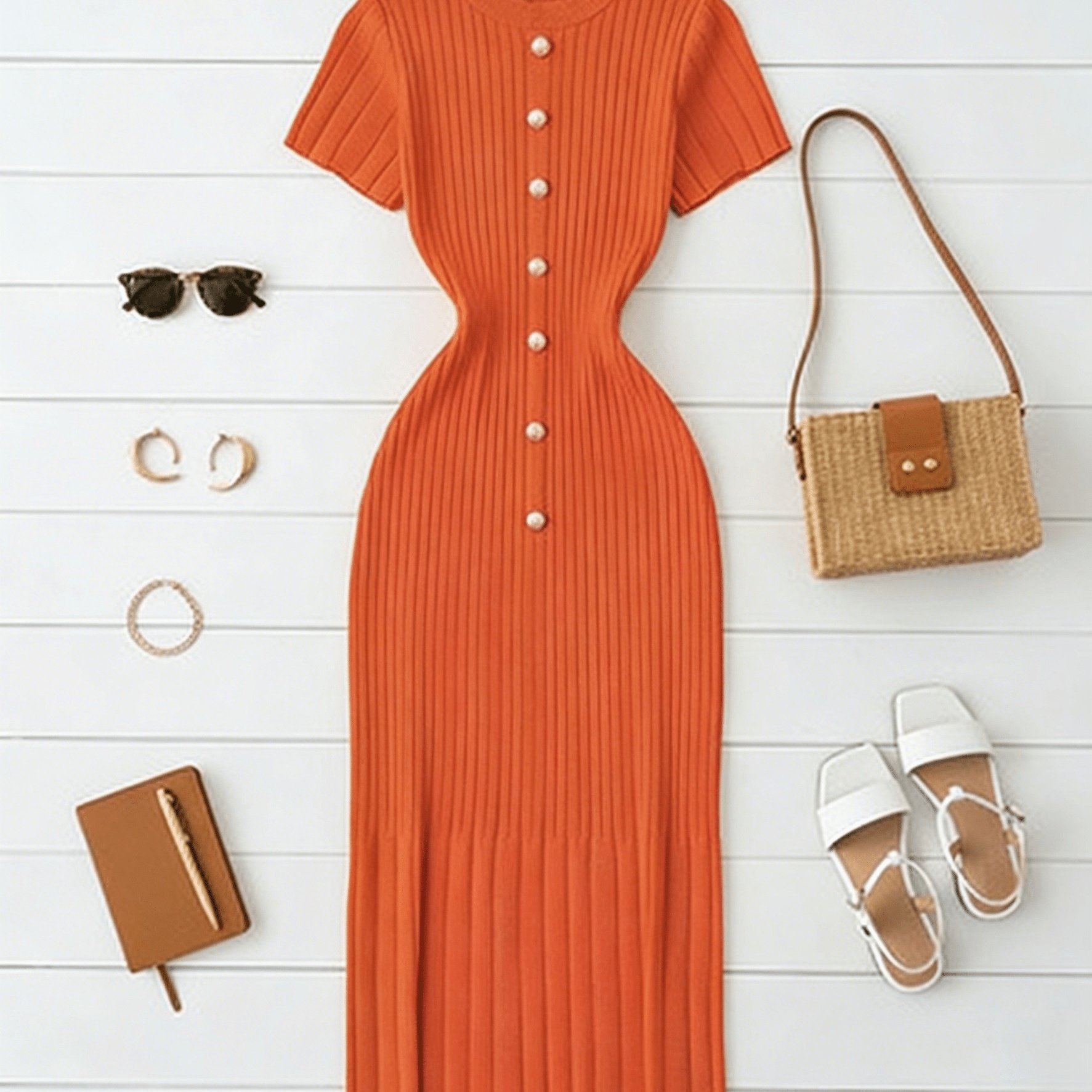 TEMU Robe Femme, Robe Coréenne Couleur Unie avec Ceinture Amincissante, Décoration Boutons Dorés, Style Rétro Tendance, Robe Stretch Côtelée, Robe