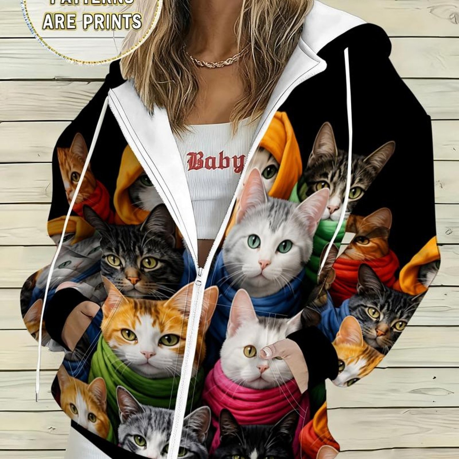 TEMU Plus Size, Women's Plus Size Casual Hooded Jacket With , Multiple Scarf Styles, Full-print Cute , Loose Zip-up Outerwear