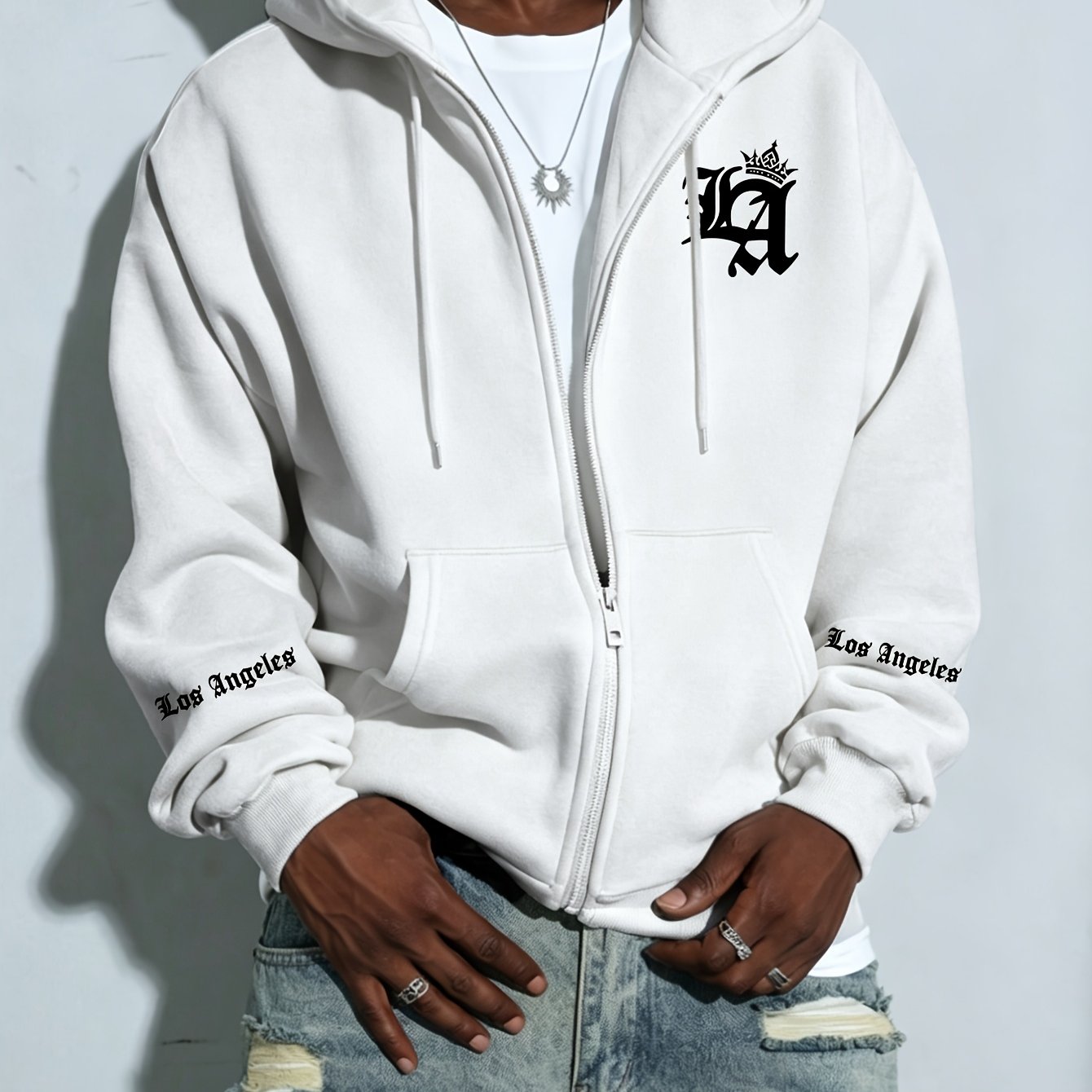 TEMU Letter Design Men's Autumn Zippered Hooded Sweatshirt, Casual Everyday Drawstring Zippered Hoodie With Creative Flat Design Pattern Print, Front