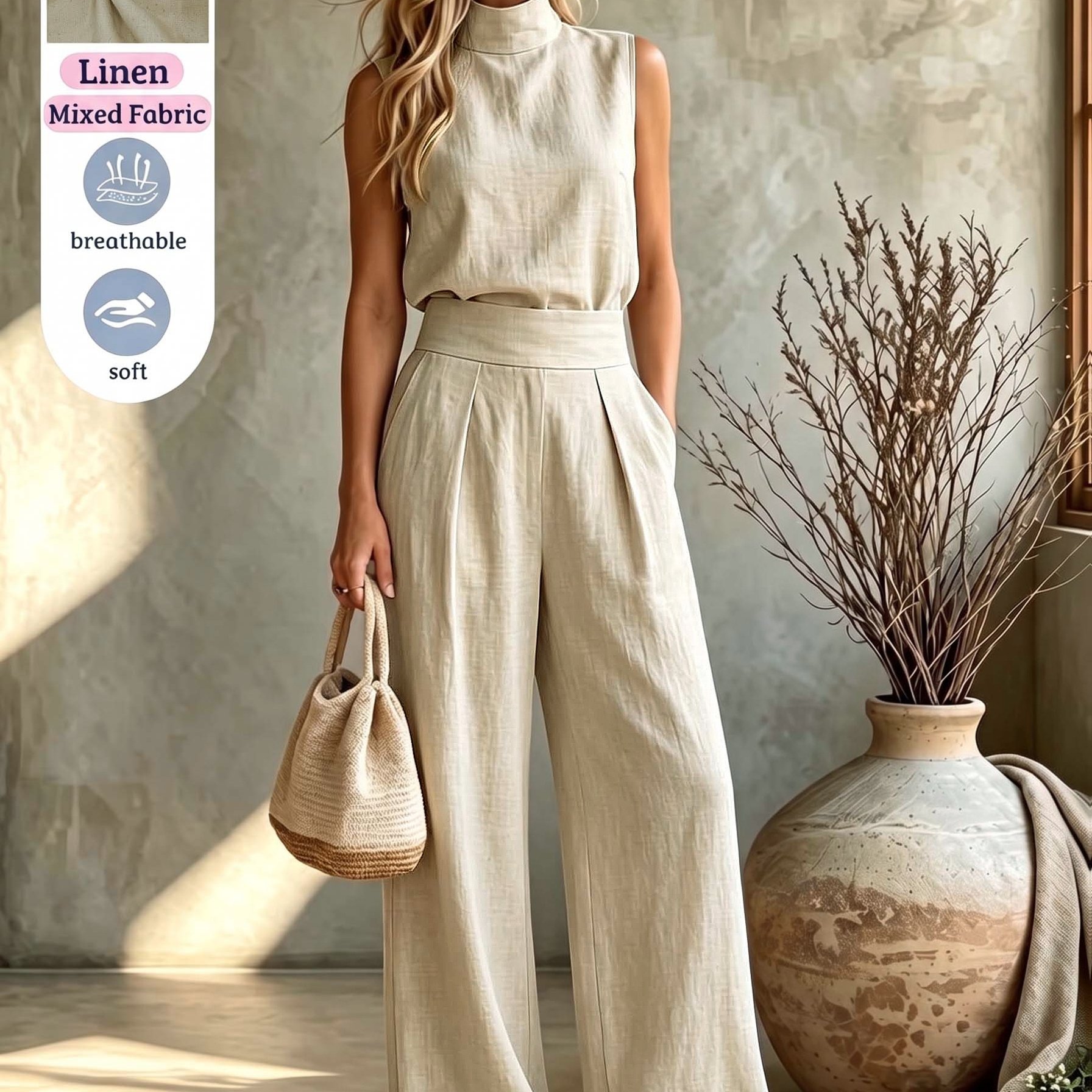 TEMU Women's Commuter 2pcs Set: High Neck Sleeveless Pleated Top And High-waist Pleated Wide-leg Pants, Elegant Outfit Zllz