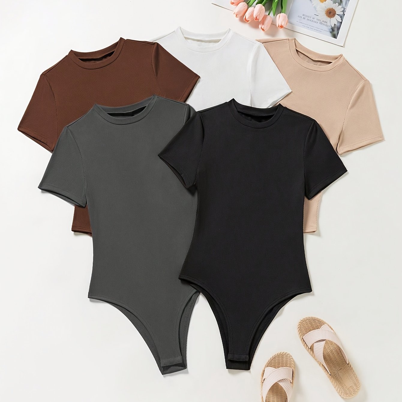 E-shop Neues Damen 5-teiliges Set, Rippiges Frühling Sommer Herbst Vielseitiges Casual Rundhals-Bodysuit
