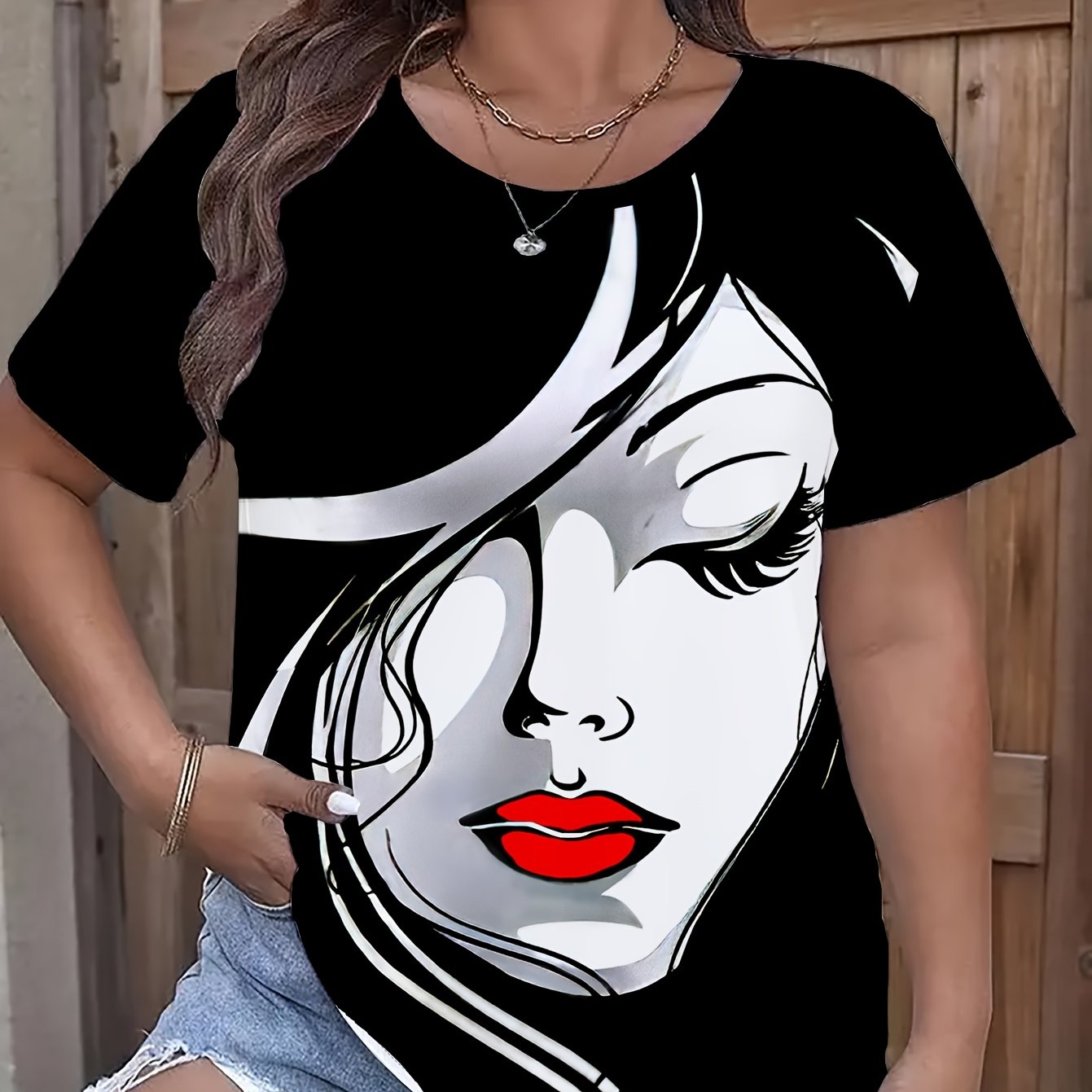 TEMU Plus Size - 2025 New Women's Plus Size Clothing, Elegant Women's Pattern - Women's Casual Round Neck Short Sleeve, Cartoon Print T-shirt,