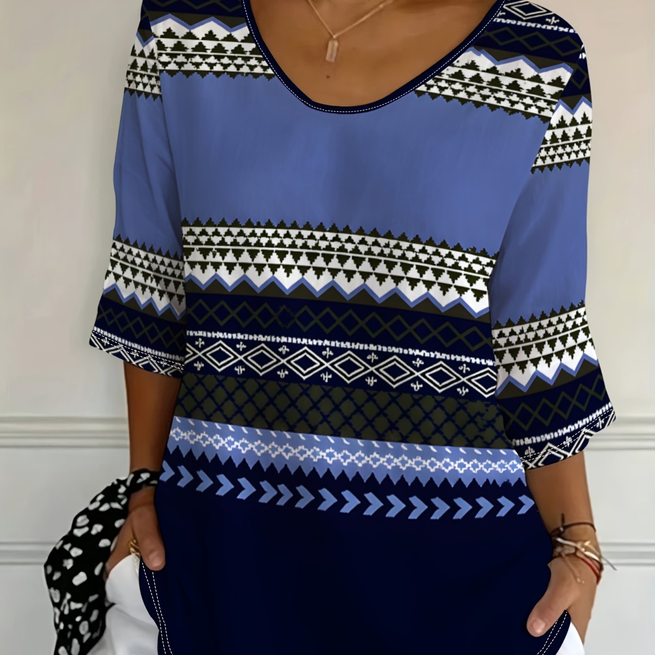 TEMU Plus Size - [printed Design-not Texture] V-neck Three-quarter Sleeve T-shirt, Short Versatile Slim-fit V-neck Top, And Friendly , New European