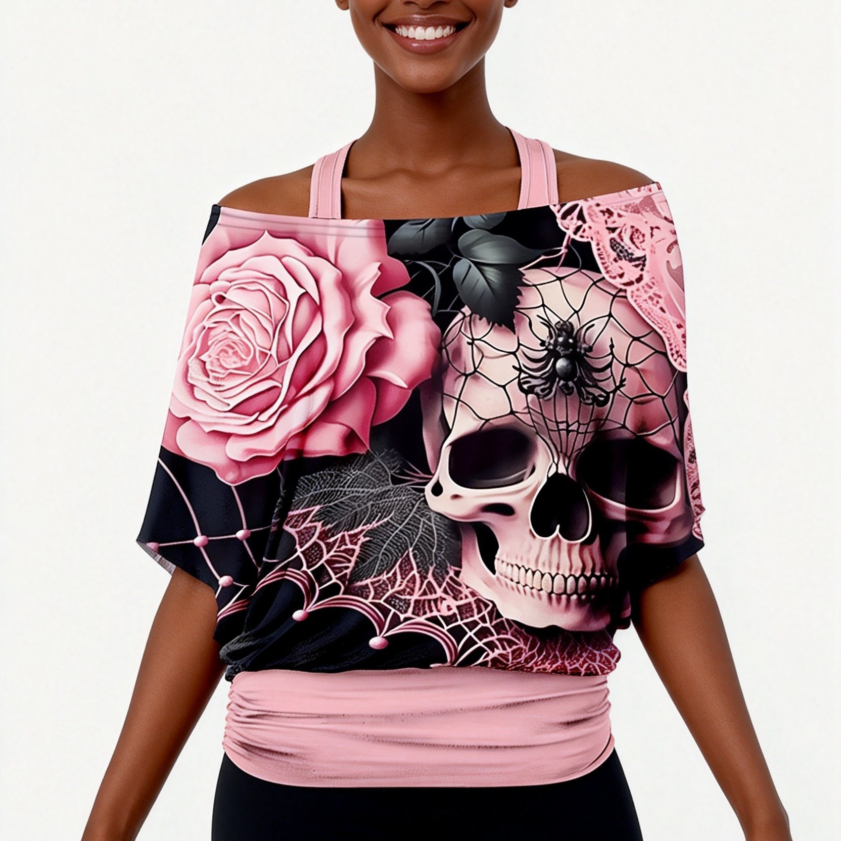 Azalea Skull Spider Design Loose Off-the-shoulder Top