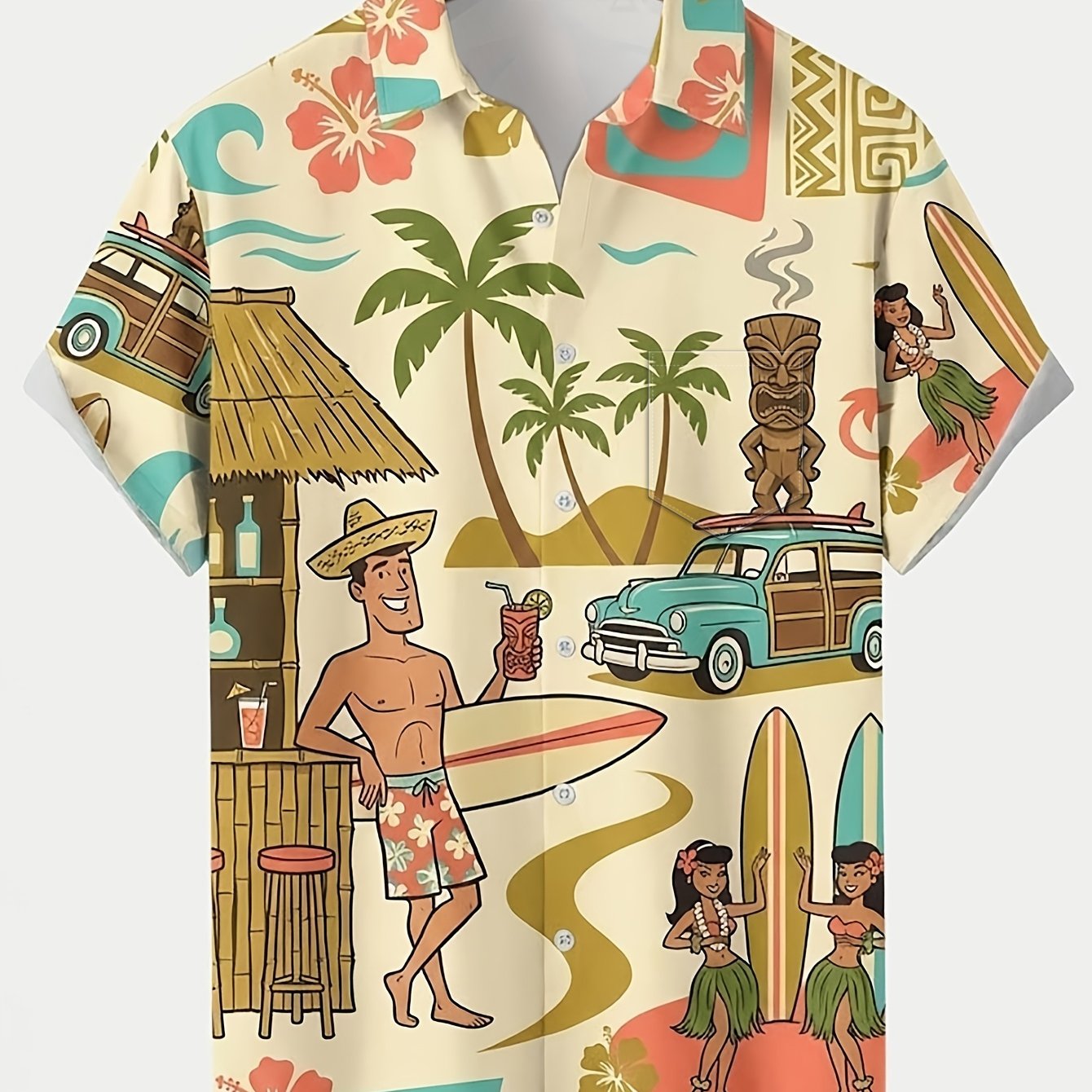 TEMU Men's Plus Size Short-sleeved Shirt, Plus Size Men's Clothing, Loose And Comfortable, Hawaiian Retro Coconut Tree Beach Print Men's Plus Size