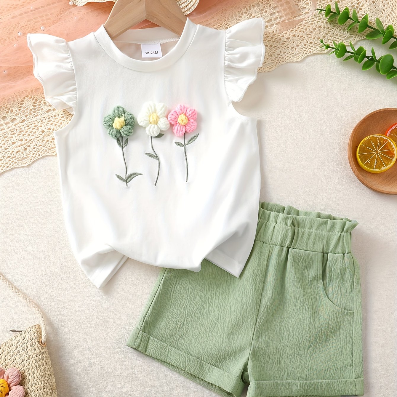 Image of Summer Toddler Casual Three-dimensional Small Flower Decoration Flying Sleeve T-shirt Solid Color Pocket Shorts Two-piece Set, For Outdoor