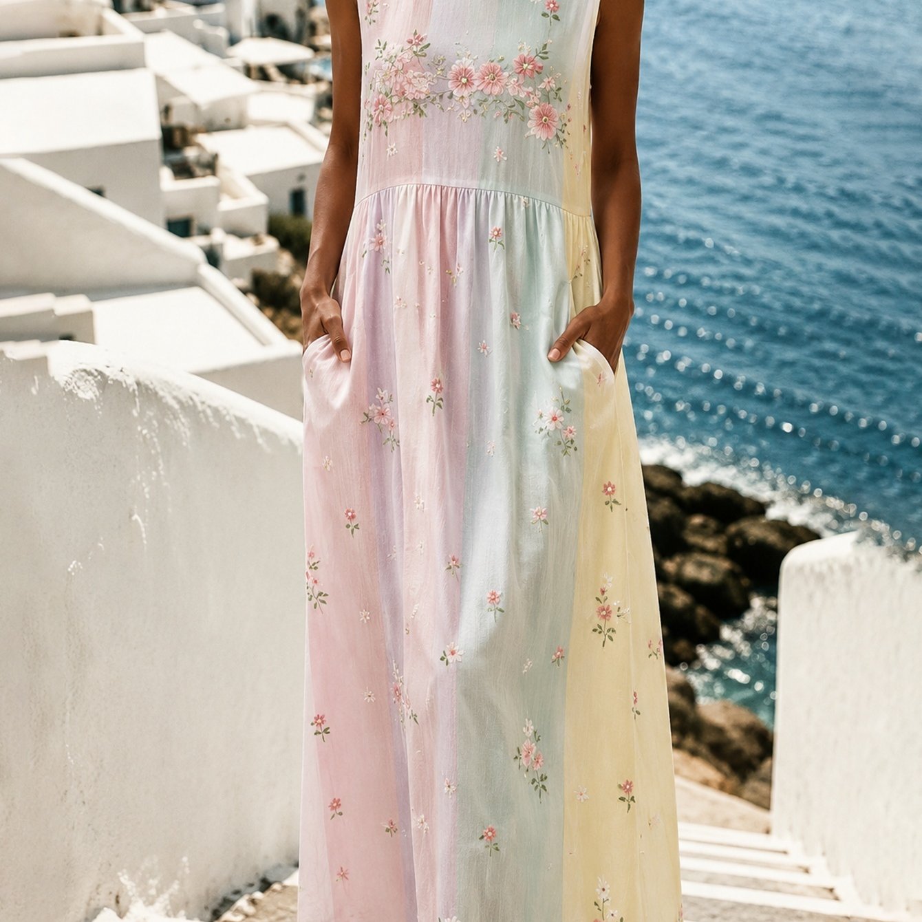 Image of Plus Size Pastel Color Block Striped Floral Sleeveless Maxi Dress, Loose Tiered Casual Pocket Dress, Sweet Cottagecore Daily Vacation Long Dress