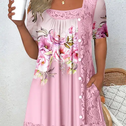 floral neck short sleeve contrast lace button long top
