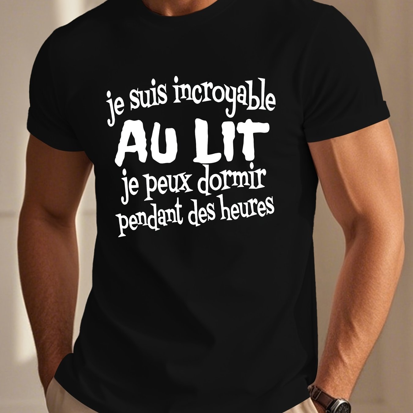 TEMU 1pc Men's Au Pair Humorous French Quote T Shirt Black Crew Neck Funny Graphic Tee Washable For Summer Casual Wear Funny Tees 2026-unisex Holiday