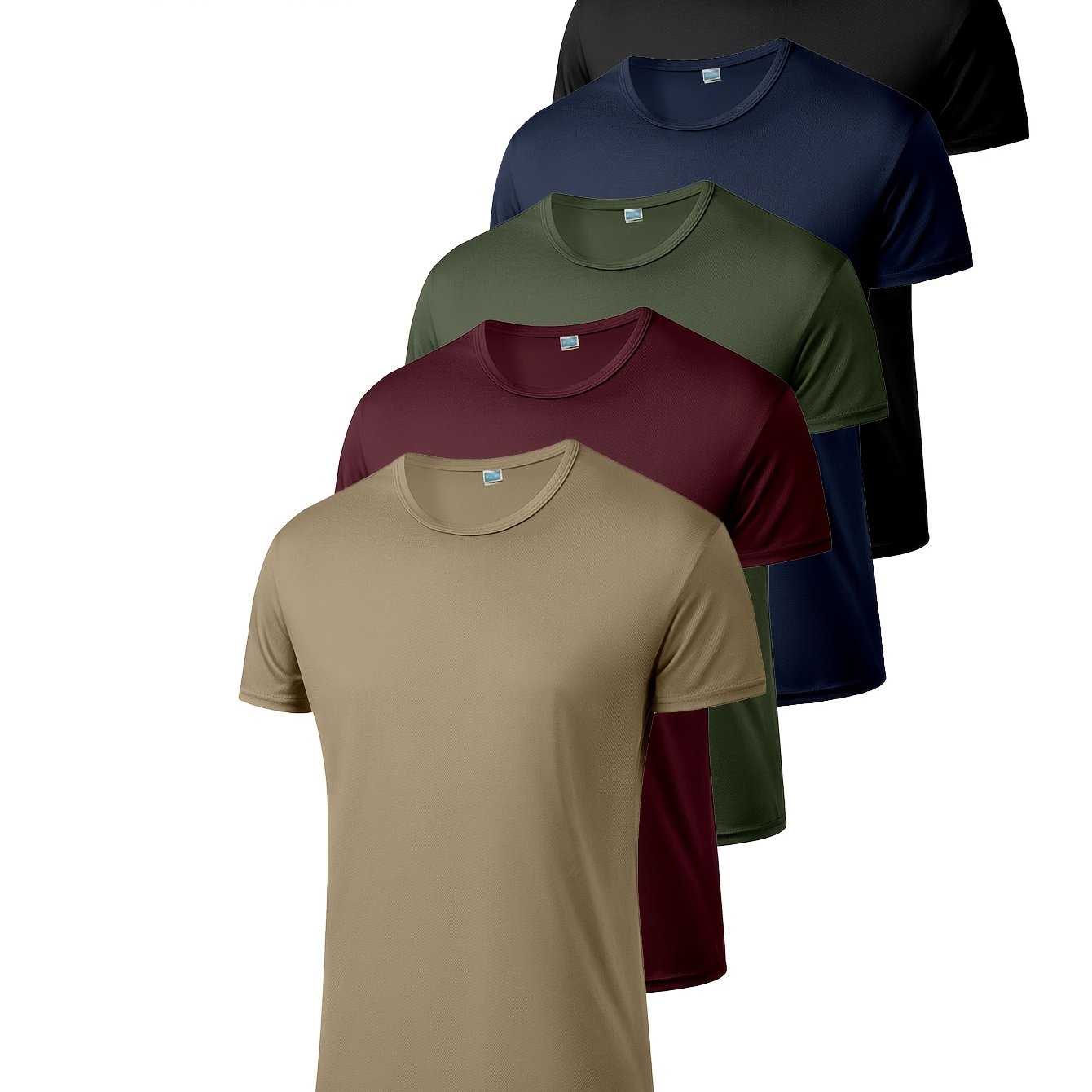 TEMU Men's 5pcs Summer Athletic Running T-shirts - Breathable, Moisture-wicking, Soft Polyester Fabric, Regular Crewneck Quick-dry Short Sleeve For