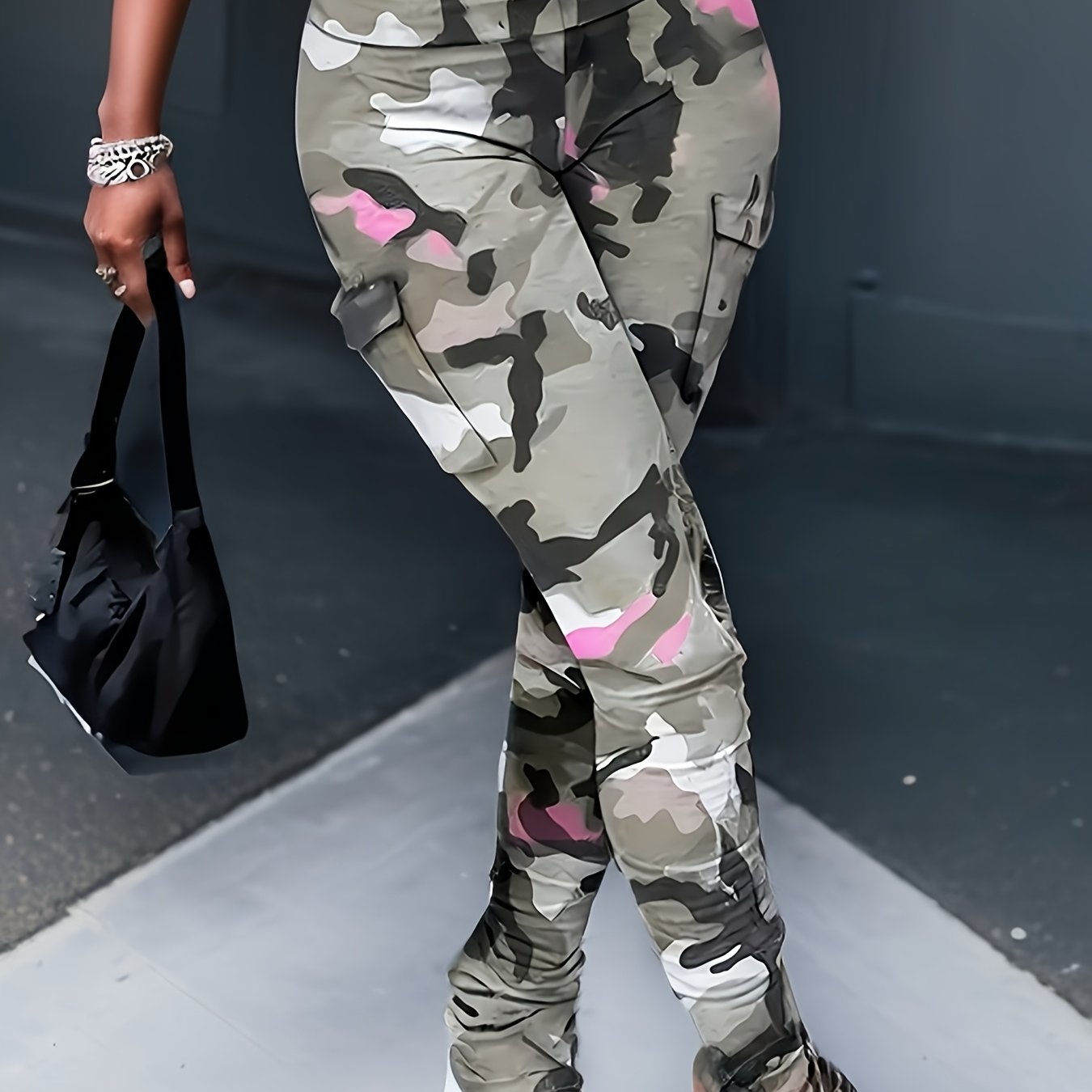 Image of Camouflage Women's Casual Tight Pocket Overalls Flared Pants Casual Pants Slouch Pants