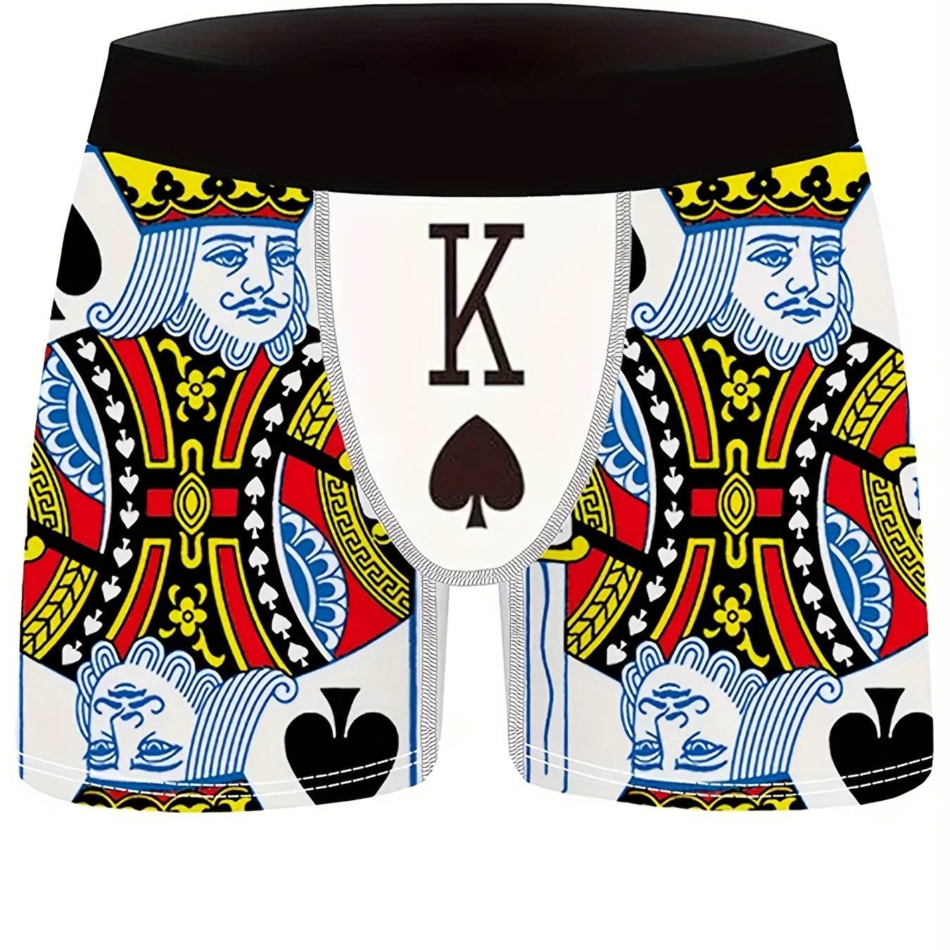 TEMU Men' Playing Card Print Boxer Briefs - 95% Polyester 5% Elastane Stretch , Vibrant Geometric Pattern, Breathable Casual Underwear For Casual Attire