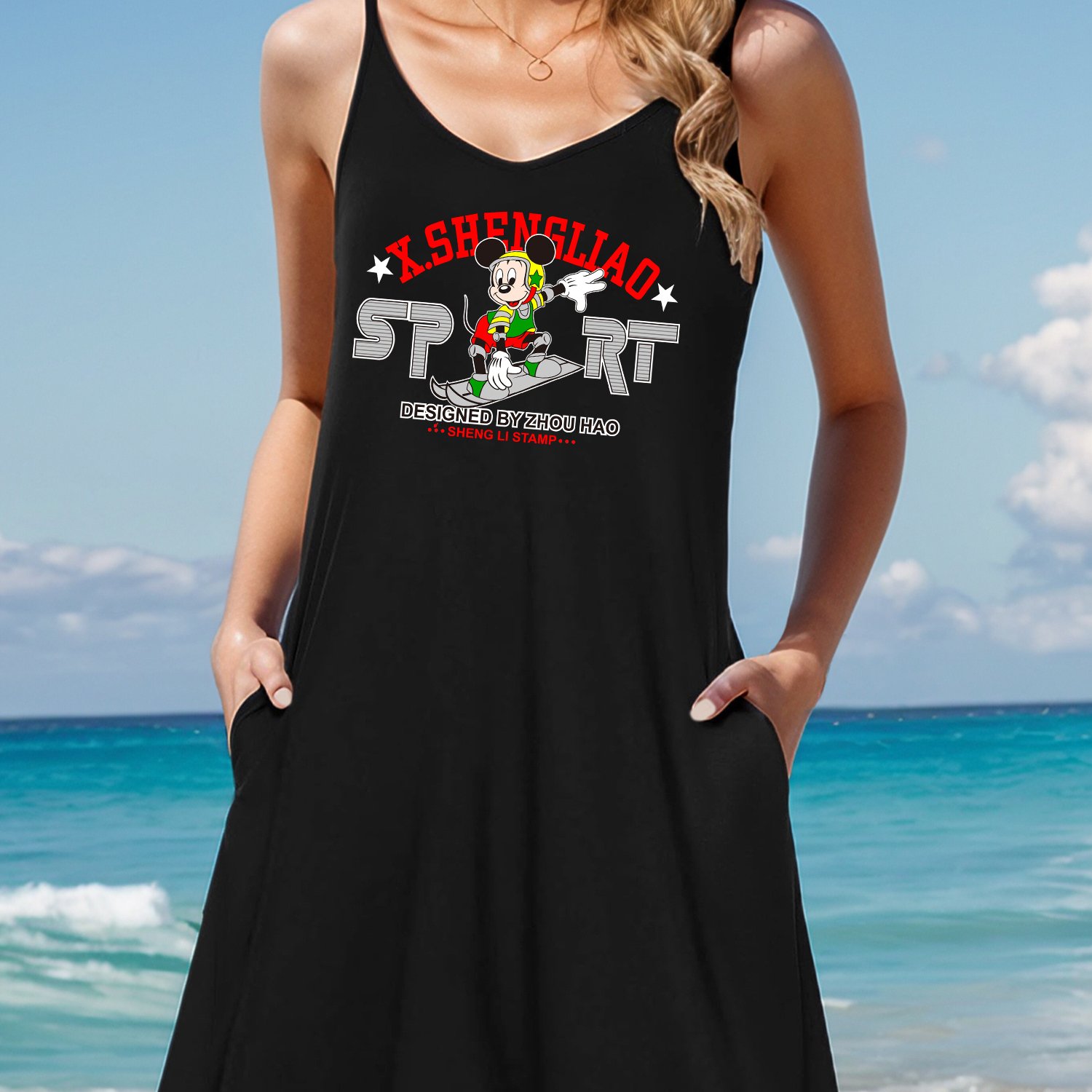   graphic v neck sleeveless womens slip dress black casual summer style with adjustable thin straps   beach parties outdoor activities beach party dress sleeveless slip dress thin suspender dres