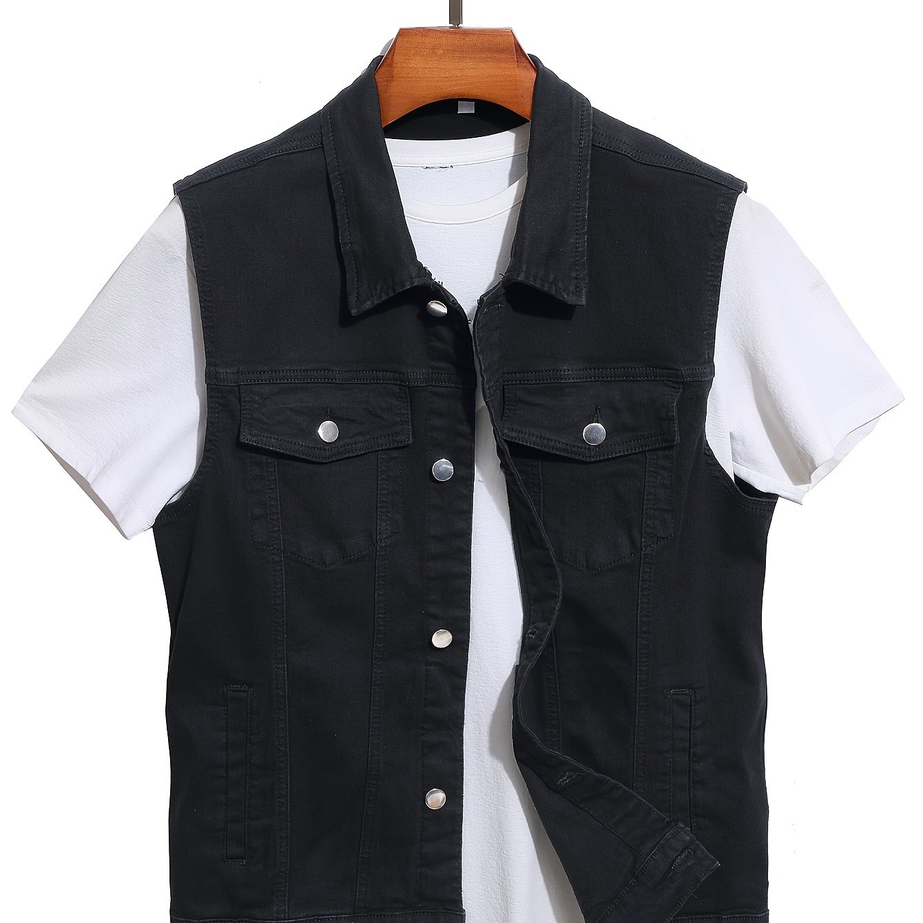 Image of 's Fashion Denim Jacket, Casual Lightweight Outerwear Jacket For Men, Black Streetwear Style