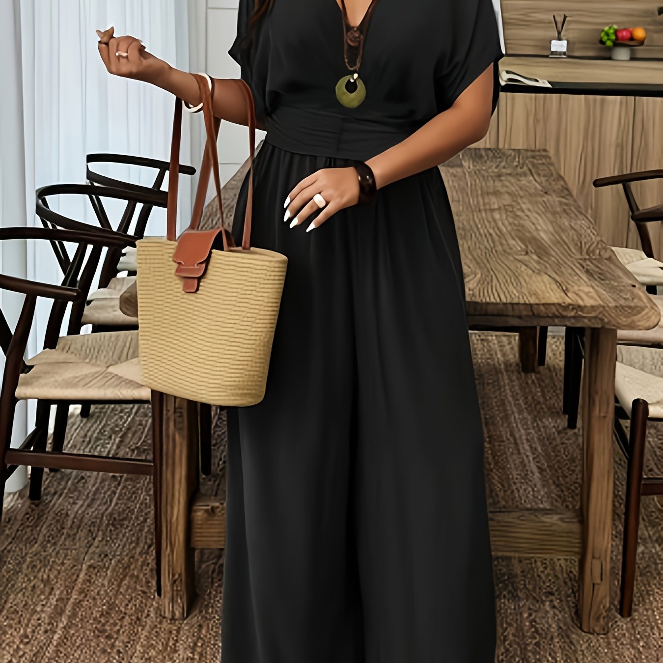 Plus Size - Plus Size - Spring Summer Women's Short Sleeve Solid Color Temperament Casual Wide-leg Jumpsuit