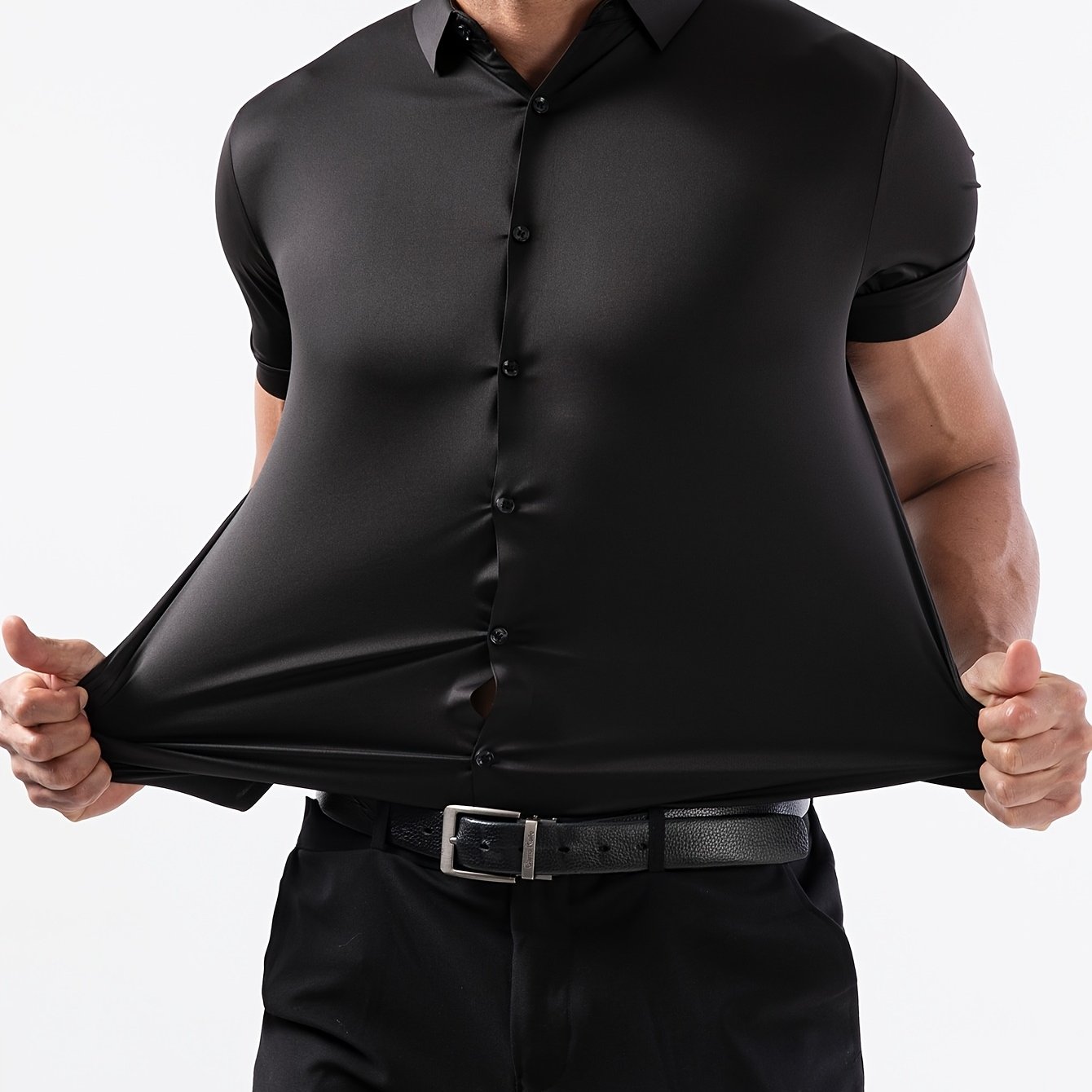E-shop Sommerliches Eisfaser-Stoff Kurzarmhemd Herren Nahtloses Hochelastisches Anti-Falten Business Casual Mode Top Formelles Hemd Stoffgewicht 160G