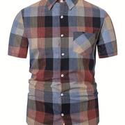 Men's Casual Short Sleeve Turn Collar Shirt Stylish Plaid - Temu