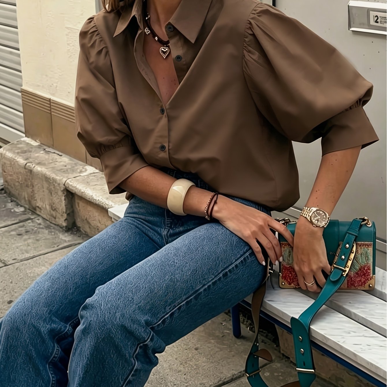 TEMU Women' Color Mid-sleeve Top With Puff Sleeves, Loose Fit, Vintage , Suitable For Daily Wear, Dates, And Business Occasions, Elegant Solid Color