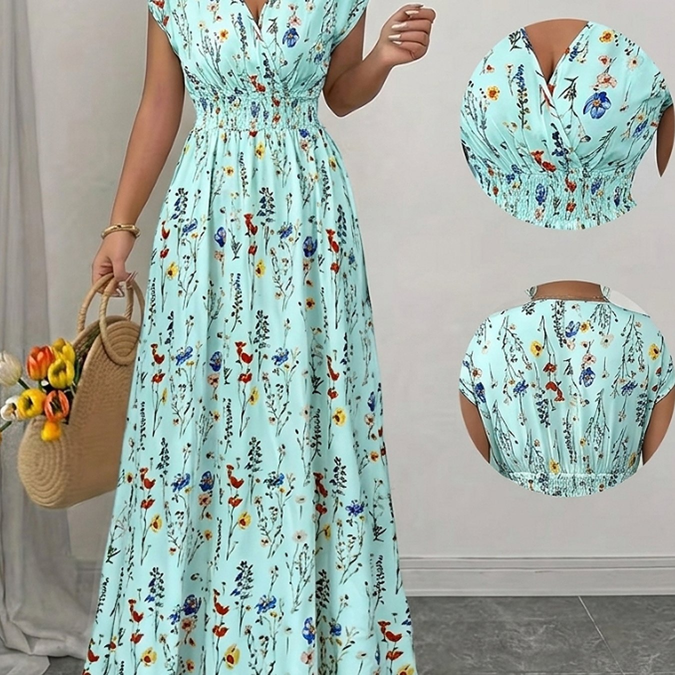 TEMU Plus Size, Plus Size Women's Floral Print Short Sleeve Long Dress With Gathered Waist For A Effect, Flared Maxi Dress, For Spring/summer