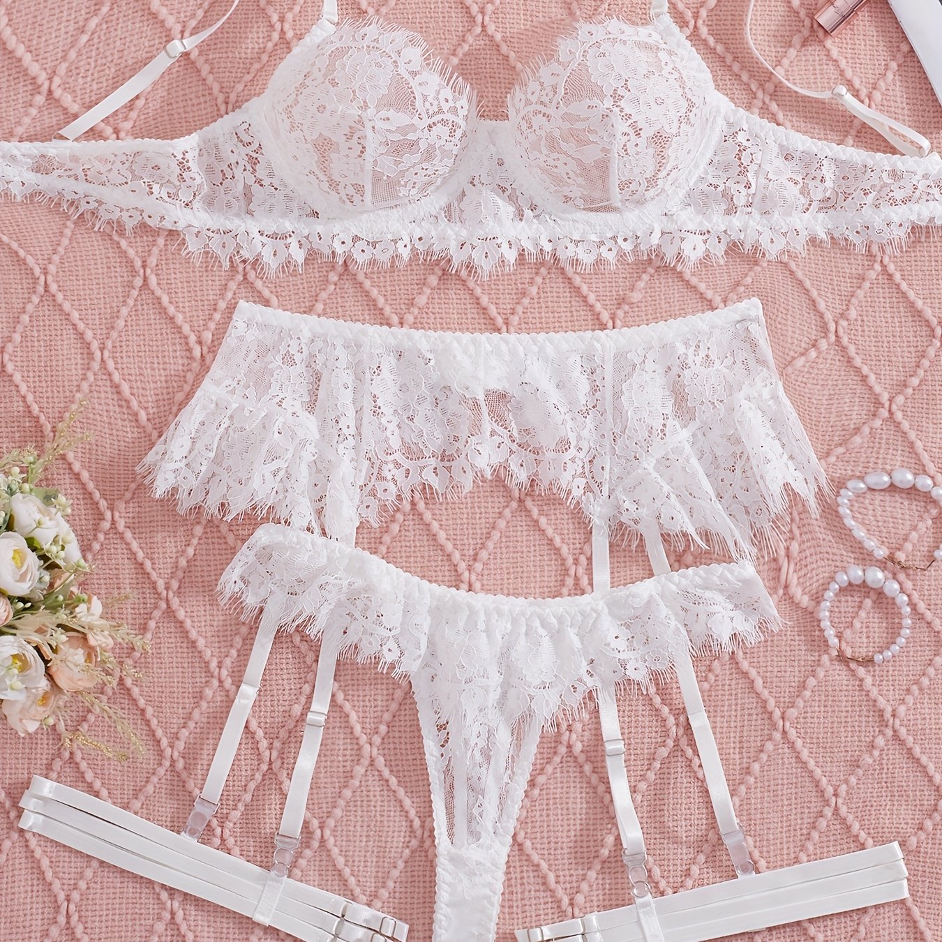 TEMU European And American New Style Lace Lash Edge Sexy Lingerie Set With Garter Belt
