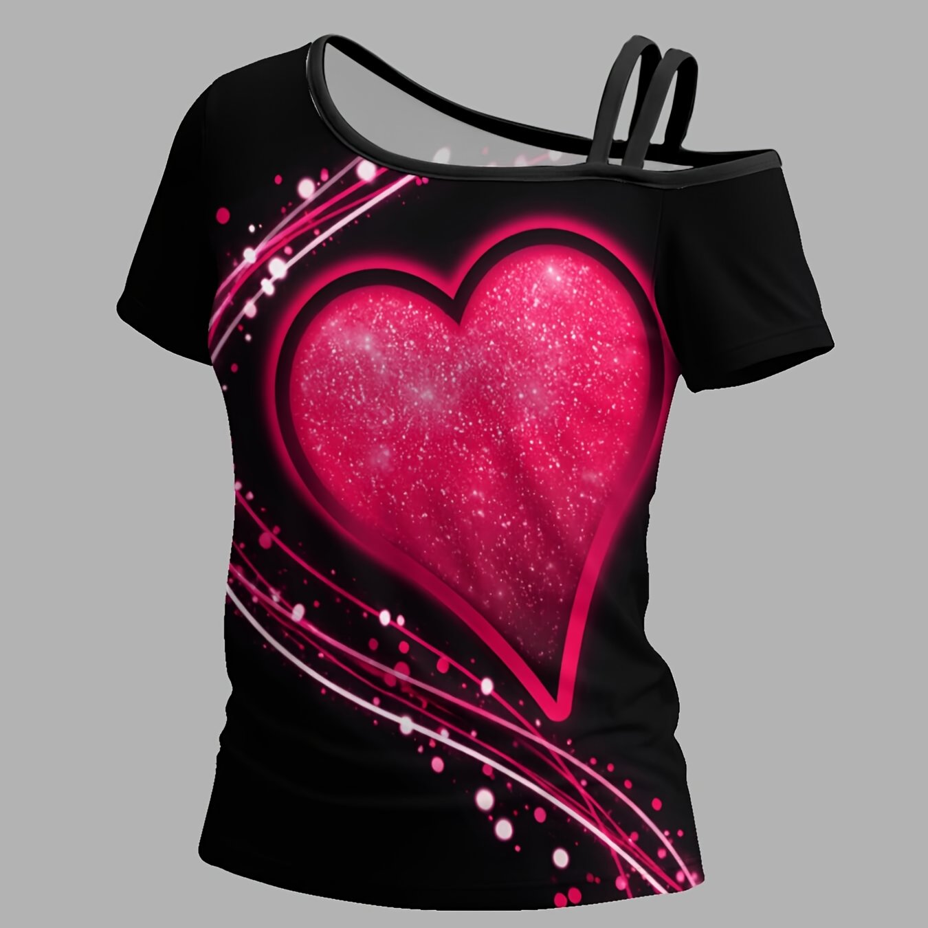 TEMU Neon Pink Glitter Heart -shoulder Short-sleeve T-shirt With Unique Asymmetrical Design And Trendy Prints, Effortlessly In Casual Spring And