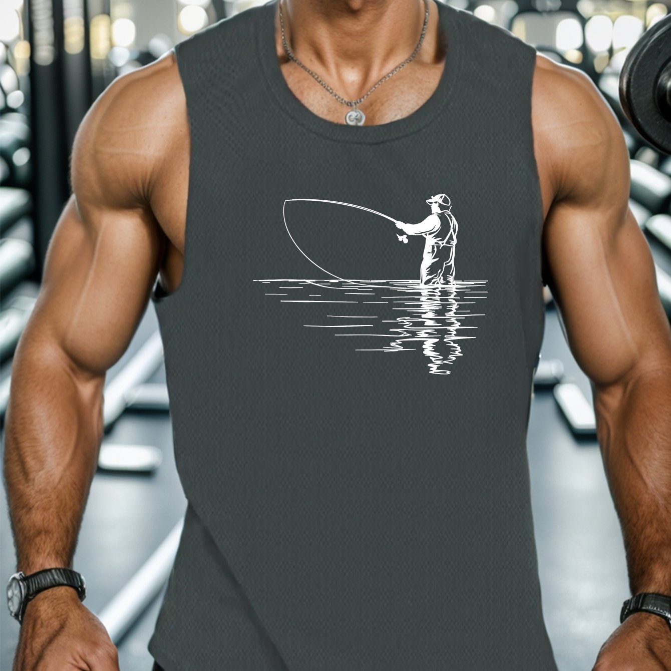 TEMU [printed Design - Not Textured] Men's Casual Fishing Pattern Vest, Round Neck, Summer Sleeveless Tank Top, Plus Size