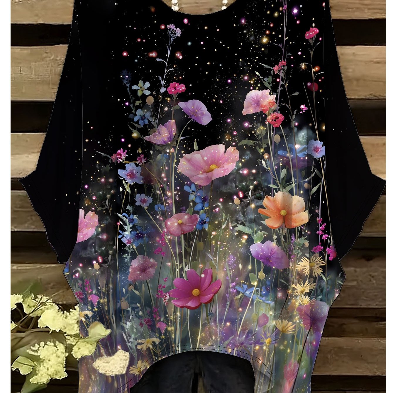 TEMU Plus Size - Plus Size - Starry Sky Floral Women's Plus-size Short-sleeve T-shirt Features An Irregular , For Style, Artistic , Round Neck, Short