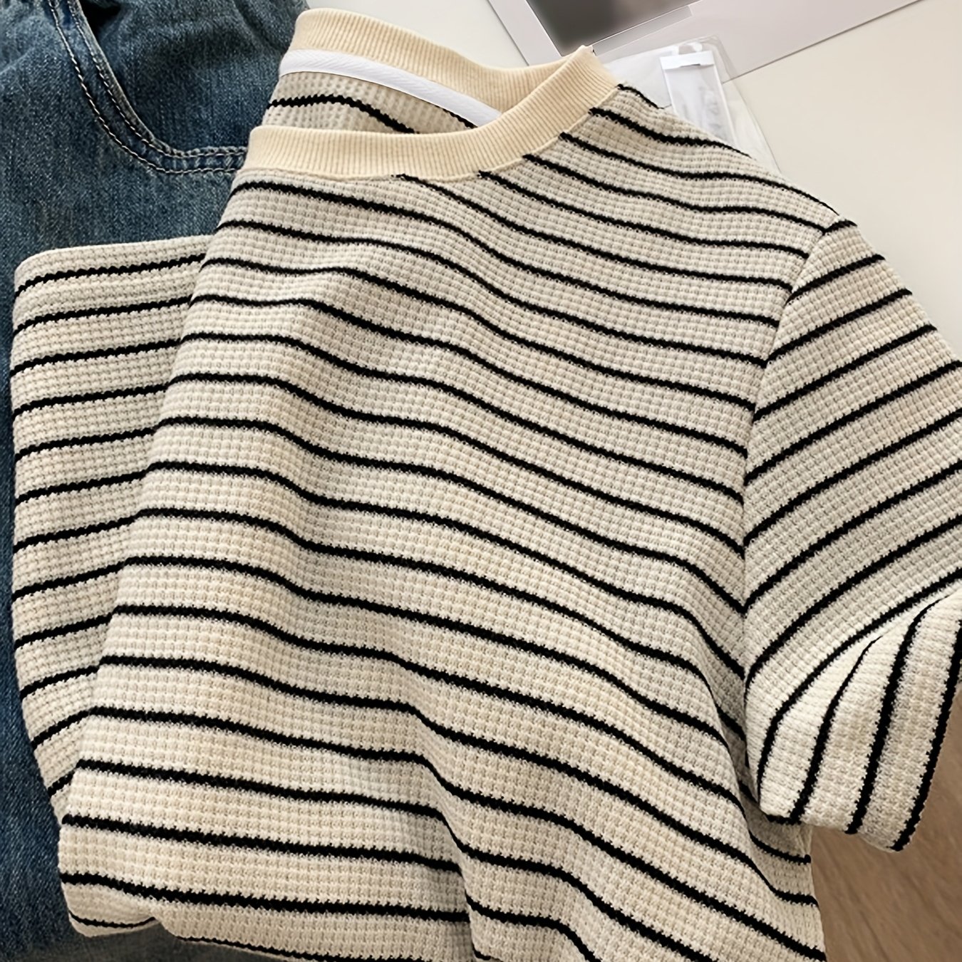 [asian Size] -apricot-1 Waffle Striped T-shirt Women's Short Sleeve Summer