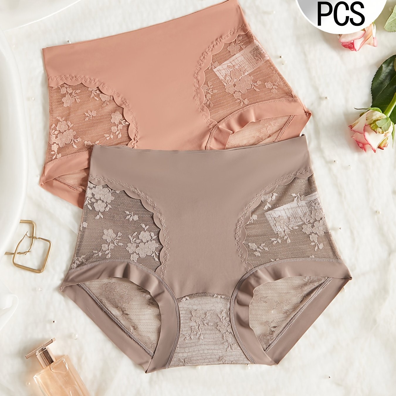 TEMU 2pcs Set Sexy Lace High-waist Panties For Women, Tummy Control And Lifting Breathable Comfortable, New Sheer Women's Briefs