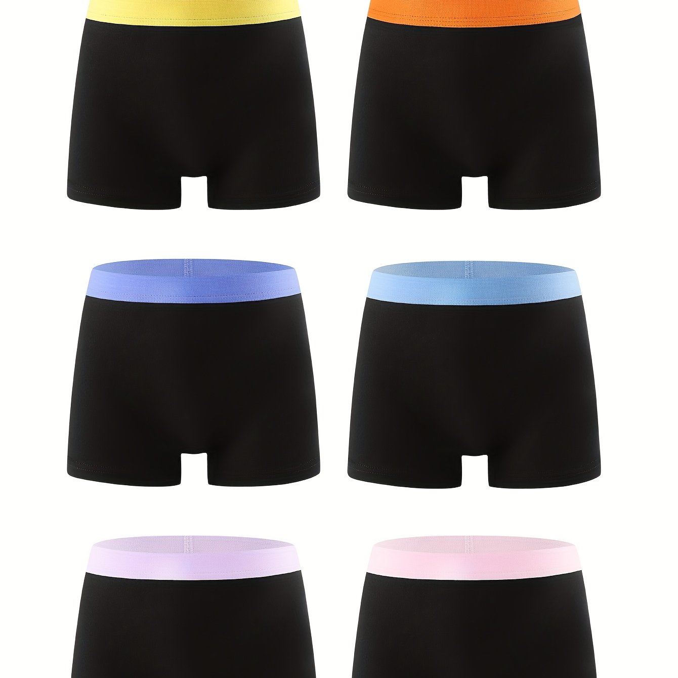 Image of 6pcs Girls' Black Contrast Color Waistband Underwear, Medium/large Size Girls' Stretch Briefs