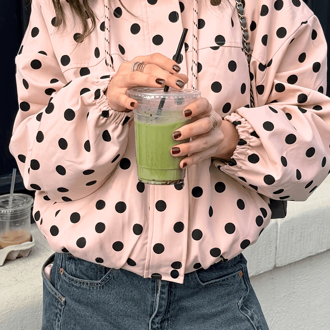TEMU Women's Casual Jacket, Style Pink And Black Polka Dot Hooded Outerwear, A Streetwear Must-have, Versatile, , And Flattering, Suitable For Daily