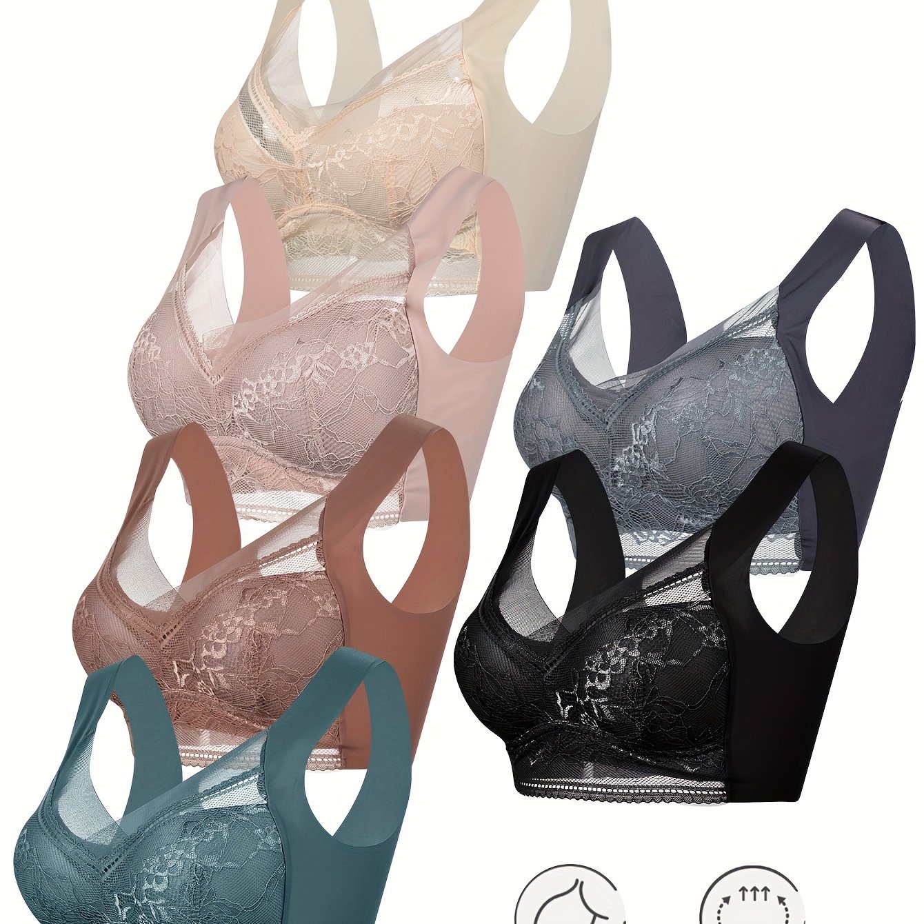 Image of A Set Of 6 Women's Soft And Comfortable Wireless Bras With Breathable Lace Decoration, Full Coverage, Elegant V-neck Support, Suitable For Everyday Wear