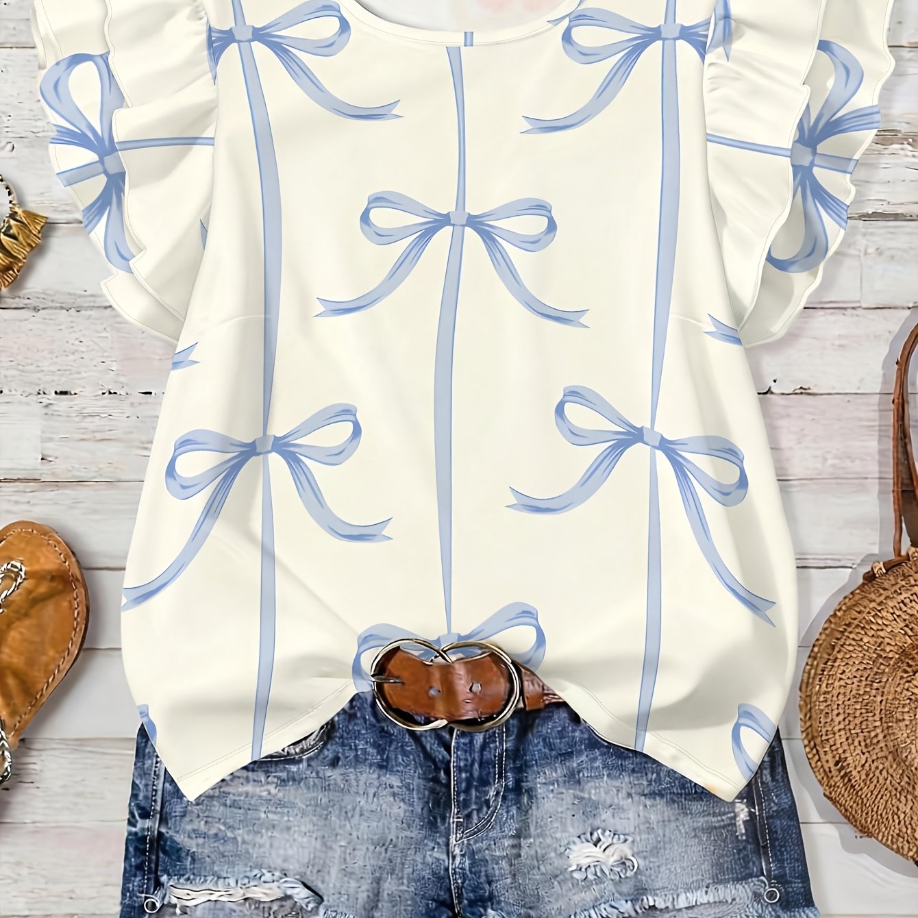 TEMU Women's Printed Short-sleeve Top With Bow Pattern And Ruffle Design, New Summer Fashion T-shirt