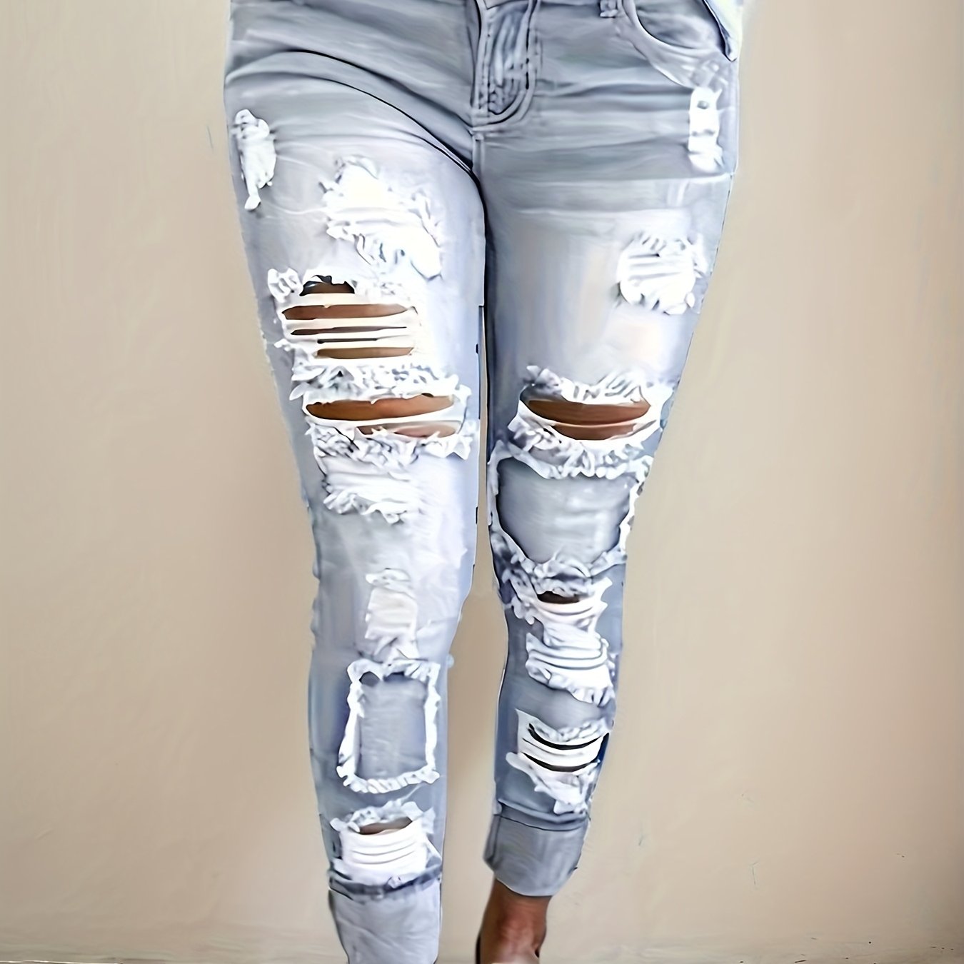 Image of Women's Casual Distressed Washed Denim Jeans - Relaxed Fit Stretchy Medium-stretch Mid-rise With Knee Rips, Machine Washable For Casual Attire, Ladies Jeans, Comfortable Fashion, Durable Fabric