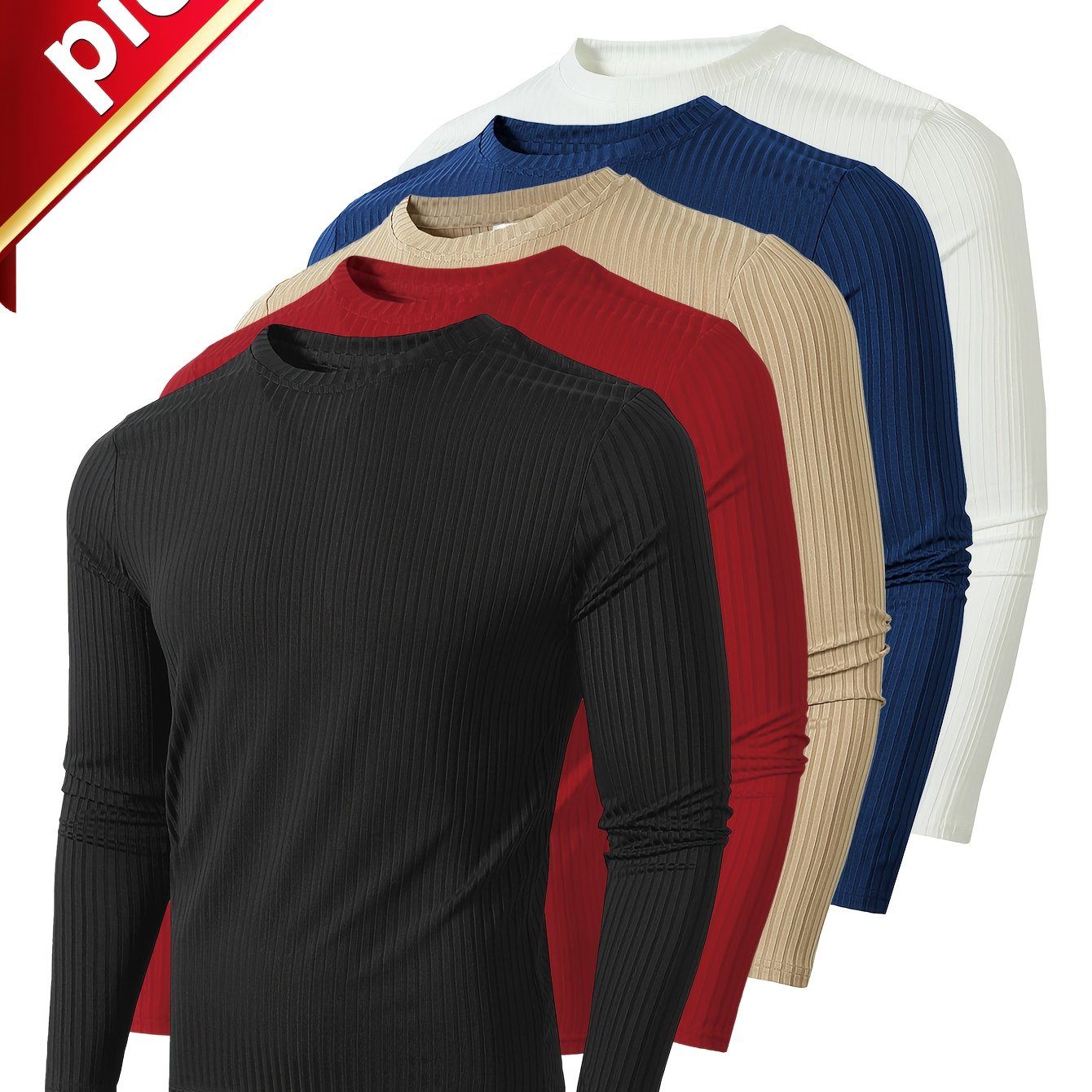 TEMU 5pcs Men's Ribbed Long Sleeved T-shirt - Round Neck Casual Shirt, High , Spring And Autumn Regular Style, Daily Clothing, Elegant And ,