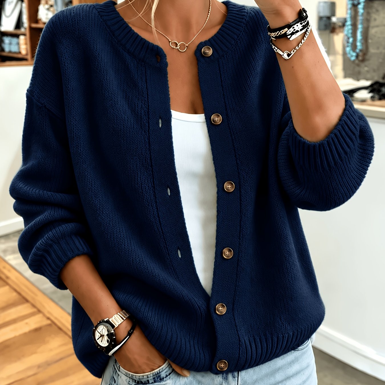 TEMU Korean Style Loose Casual Mid-length Button-up Cardigan, Autumn Winter Solid Color Easy Versatile Base Layer Jacket, Fashionable Temperament