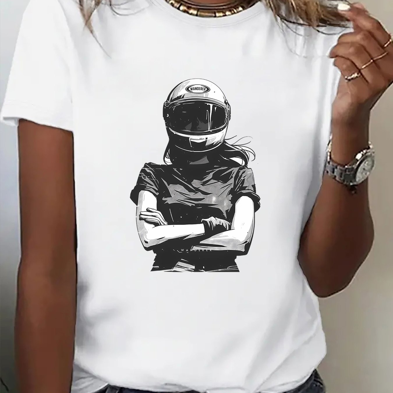 TEMU 1pc Fun Printed Short Sleeve, Biker Motorcycle Rider Cool Pattern, Women's Fashion Casual Short Sleeve T-shirt Blouse, Trendy Individual Fun