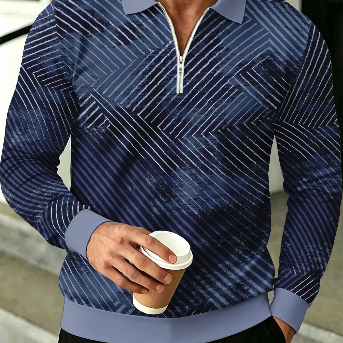 Image of New Arrival Men's Plus Size Zipper Long Sleeve Shirt Outdoor Street Wear Navy Distressed Diagonal Geometric Line Print Top Comfortable Versatile Design Long Sleeve , Plus Size