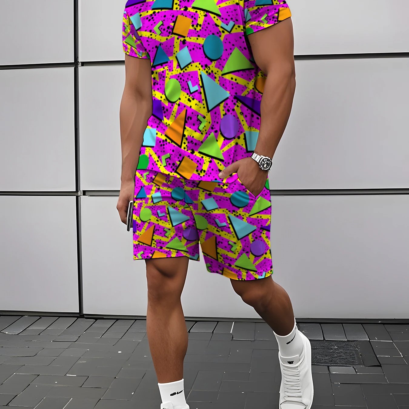 TEMU Men's Colorful Geometric Pattern Short Sleeve Set, Summer Fashion Casual Sportswear 2pcs Set, Short Sleeve T-shirt   Shorts, Trendy Printed