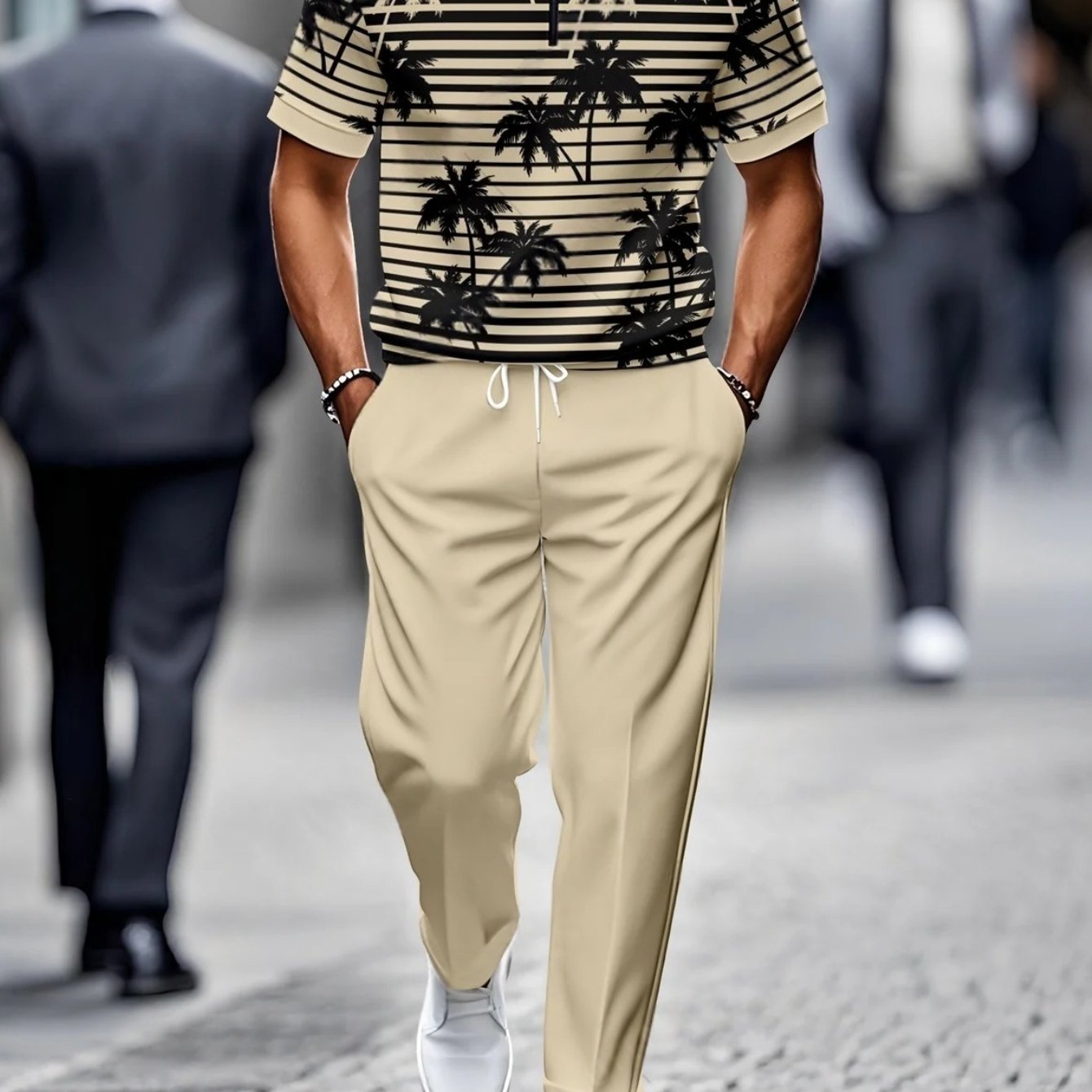 Two-piece Set [new Summer Release] Men's Casual Fashion Loose Stand Collar Half-zip Short Sleeve And Pants Sports Set - Short Sleeve Top And Pants