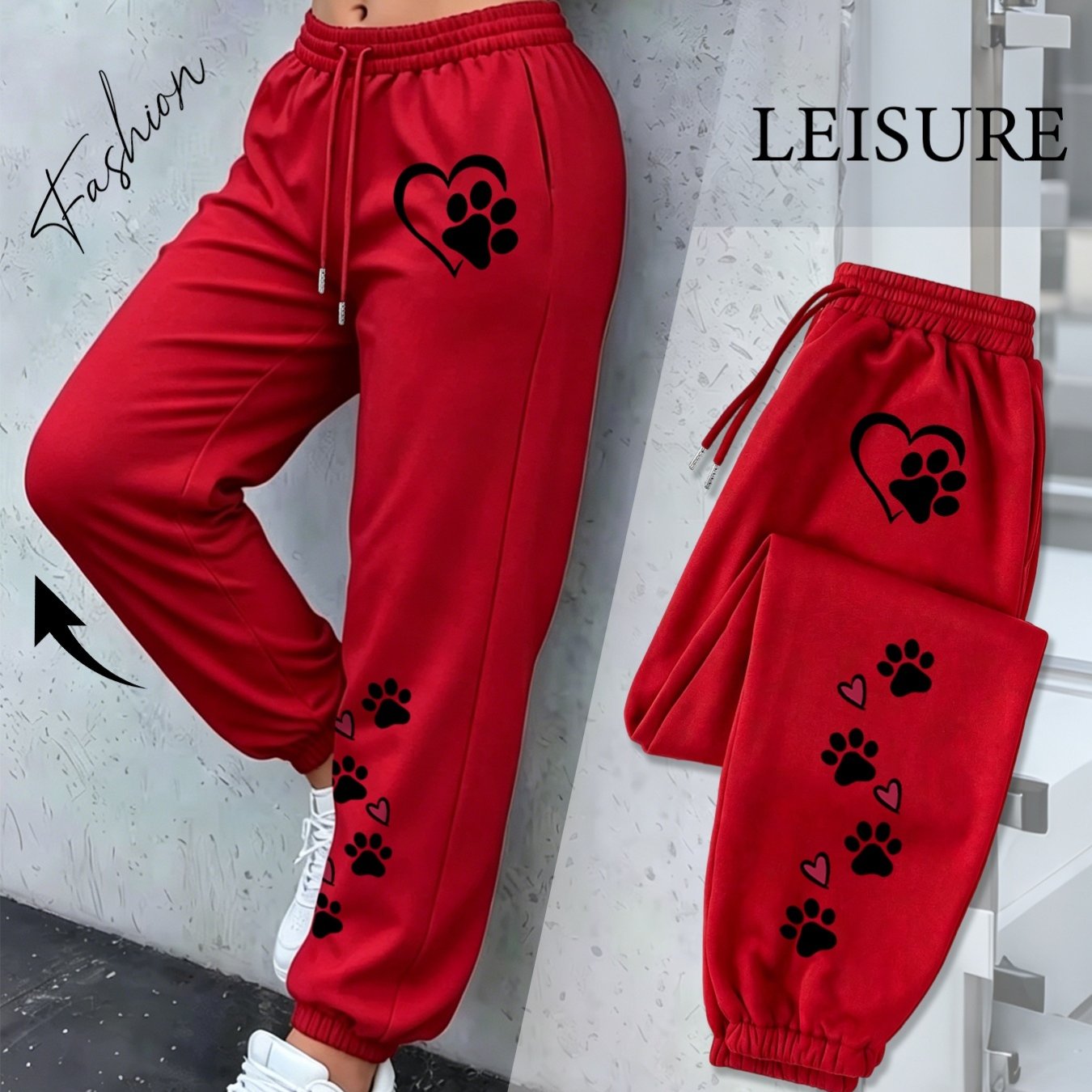 Image of Plus Size High-waisted Jogger Sweatpants With Paw Print & Red Heart - Loose-fit Drawstring Pants Suitable For Sports, Gym, Lounge, Casual Wear - - Comfortable Athletic Wear