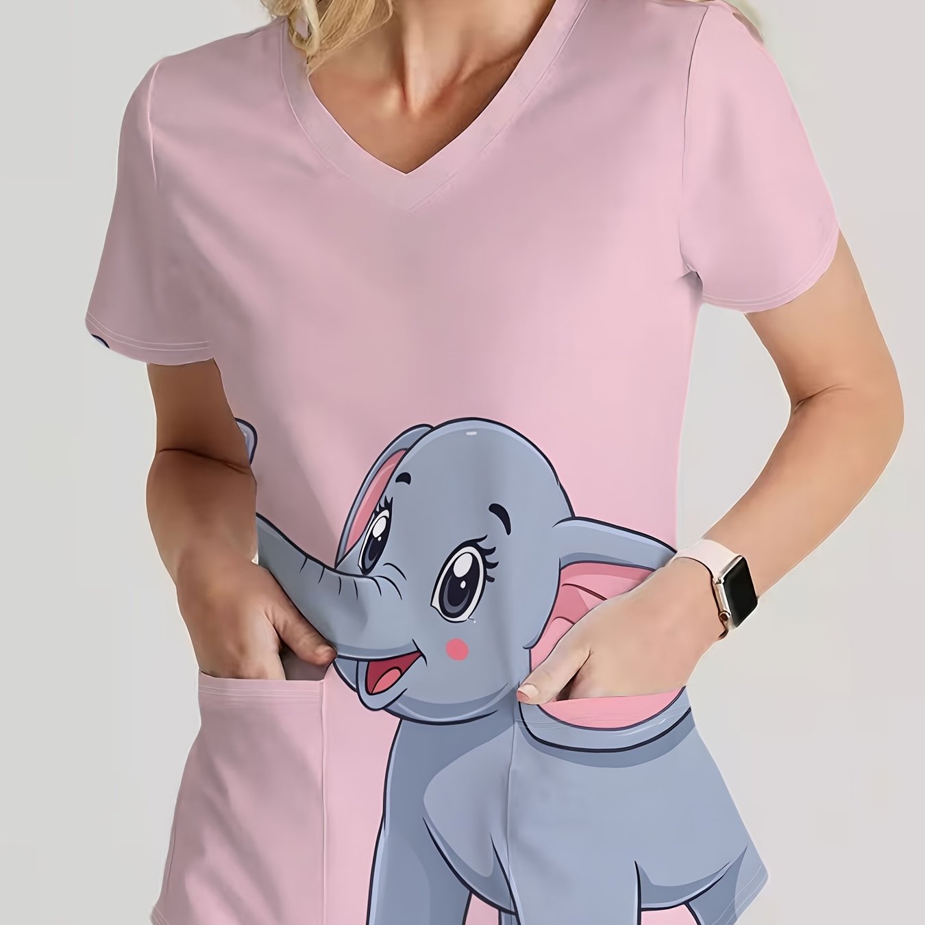 TEMU Ladies' Short-sleeve V-neck T-shirt, Elegant And Stylish Nursing Uniform, Featuring A Cute Printed Design Of A In A Pink And Blue Color Scheme.